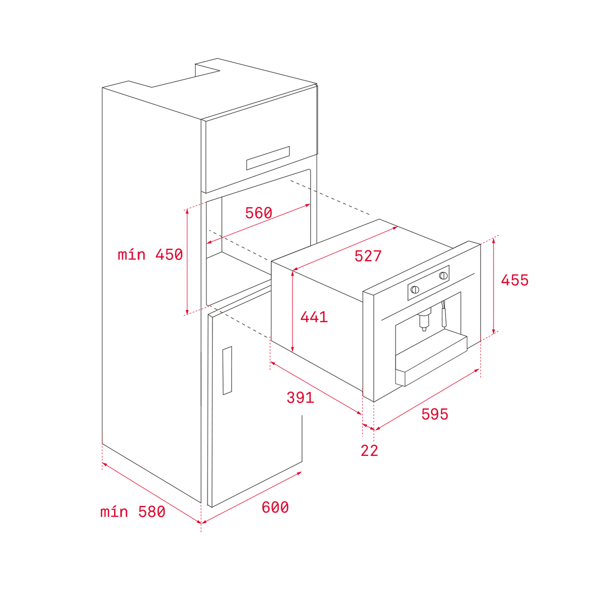 Diagrama de un elemento de cocina empotrado, mostrando dimensiones en mm.