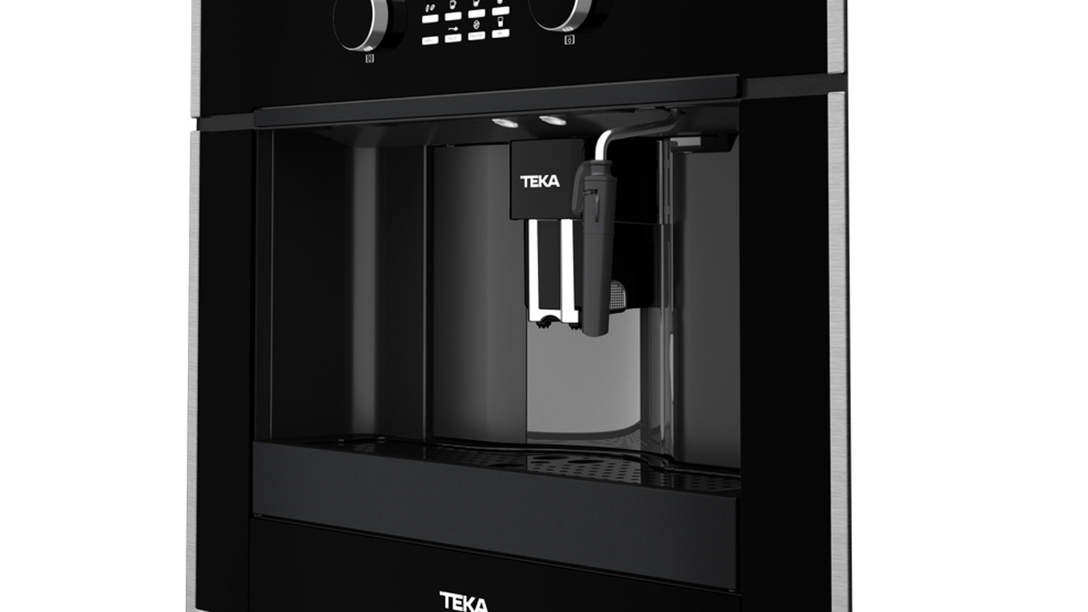 Una cafetera Teka empotrada. Tiene un frente negro con un dispensador plateado y panel de control.