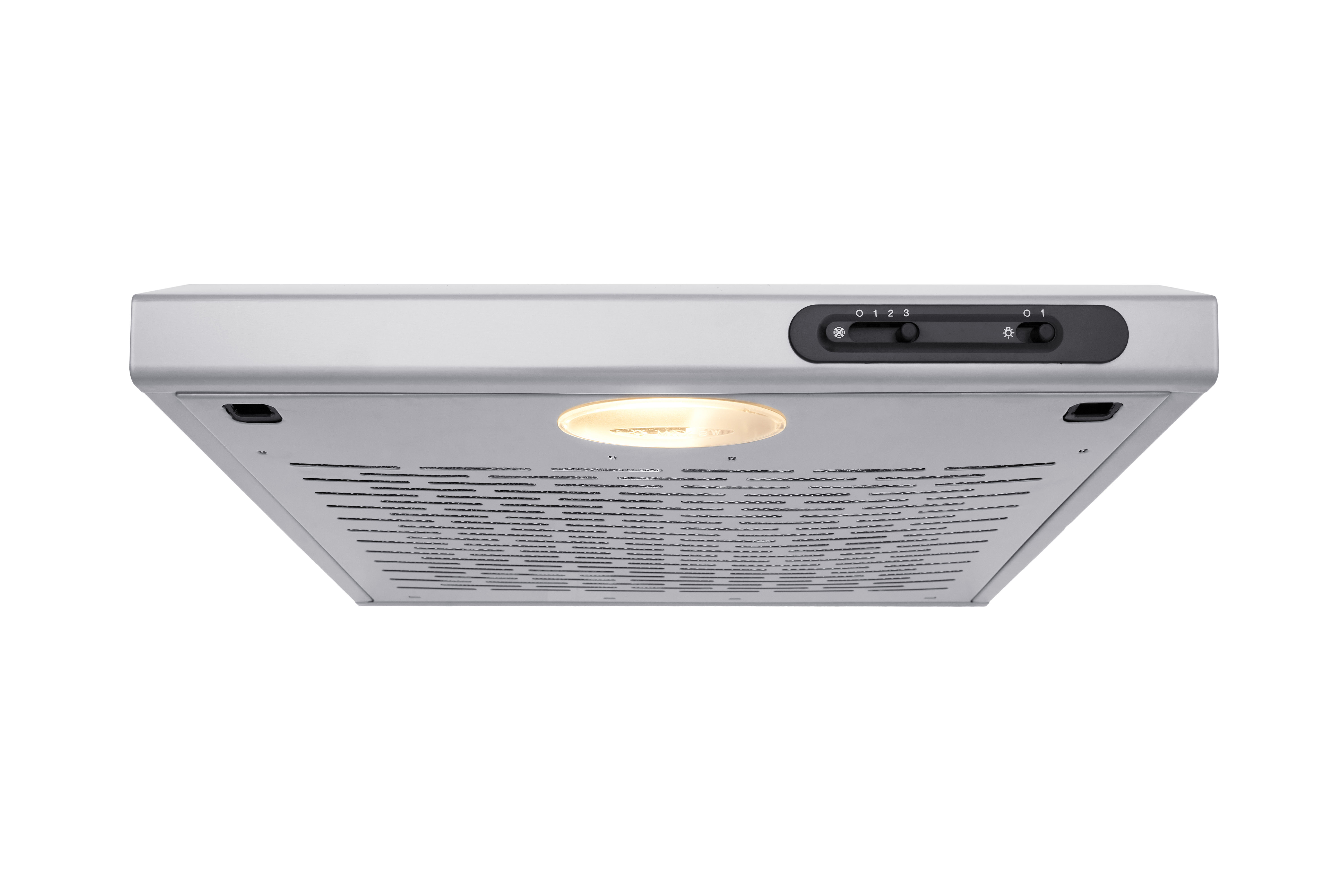 Silver range hood seen from below, with lights and controls. White background.