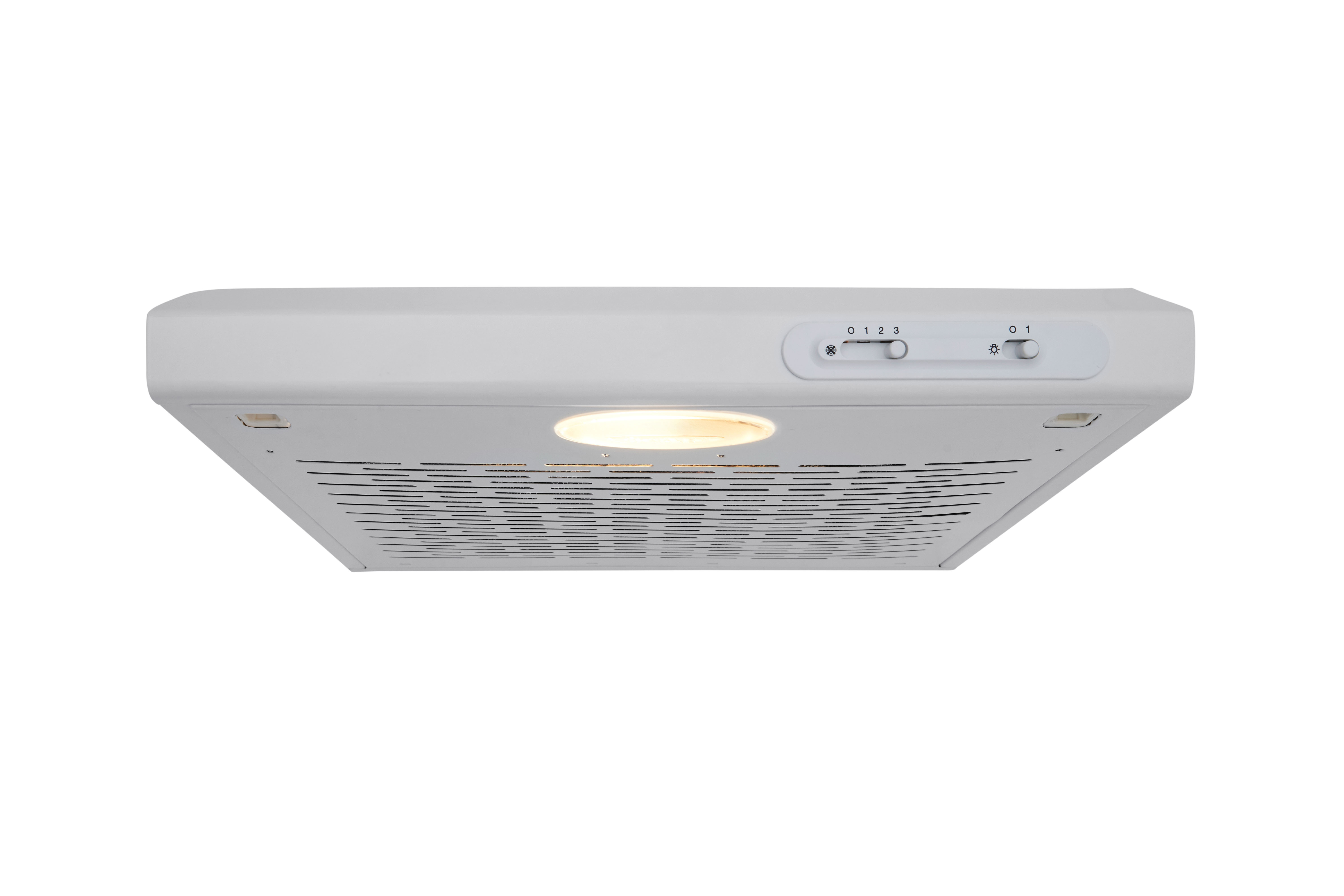 White range hood bottom view. It has a light and control knobs for speed settings.