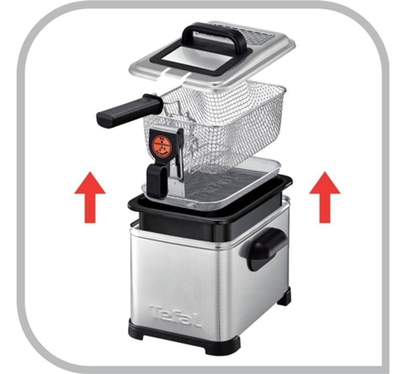 Widok rozstrzelony frytkownicy, pokazujący części i czerwone strzałki wskazujące montaż.