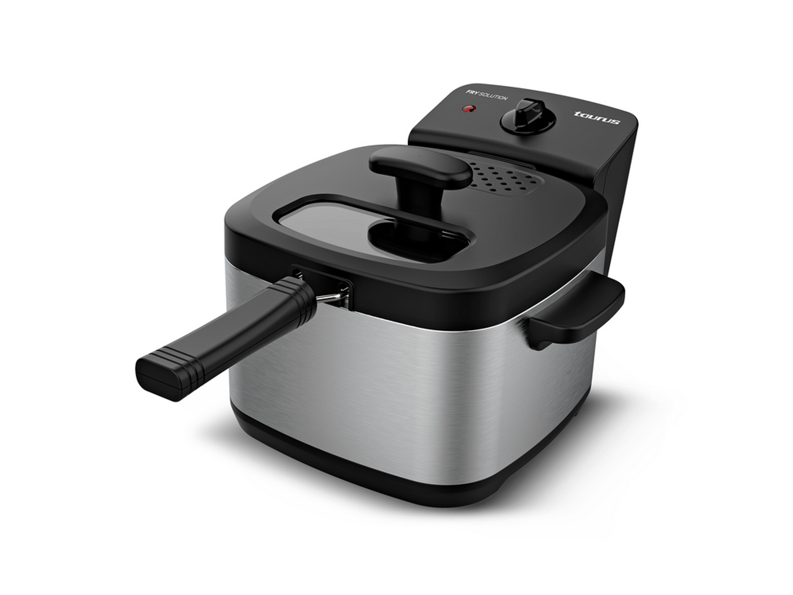 Frytownica ze stali nierdzewnej i czarna na białym tle.