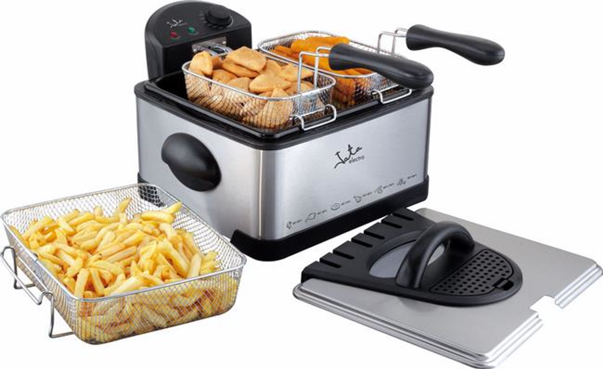 Frytownica z jedzeniem w środku, w tym frytkami i nuggetami z kurczaka.