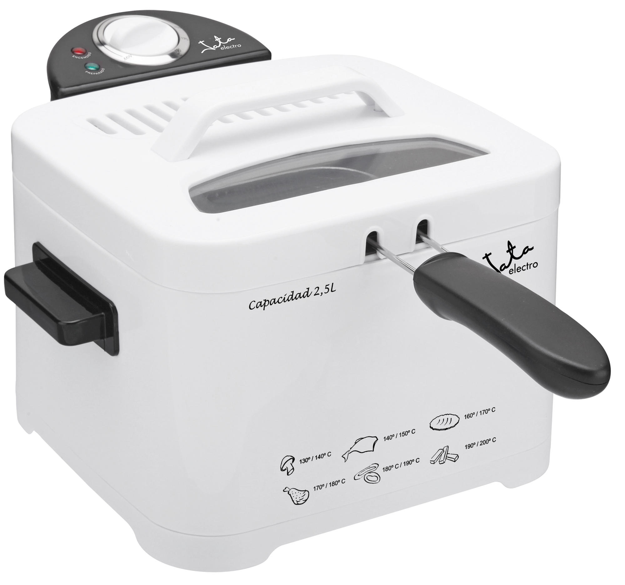 Biała frytkownica z czarnym uchwytem i elementami sterującymi. Marka to Tata electro.