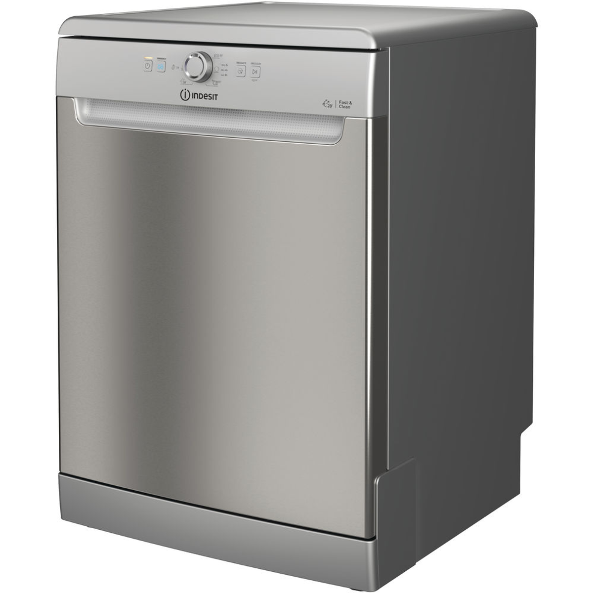 Lavastoviglie Indesit argento. Finitura in acciaio inox e pannello comandi.