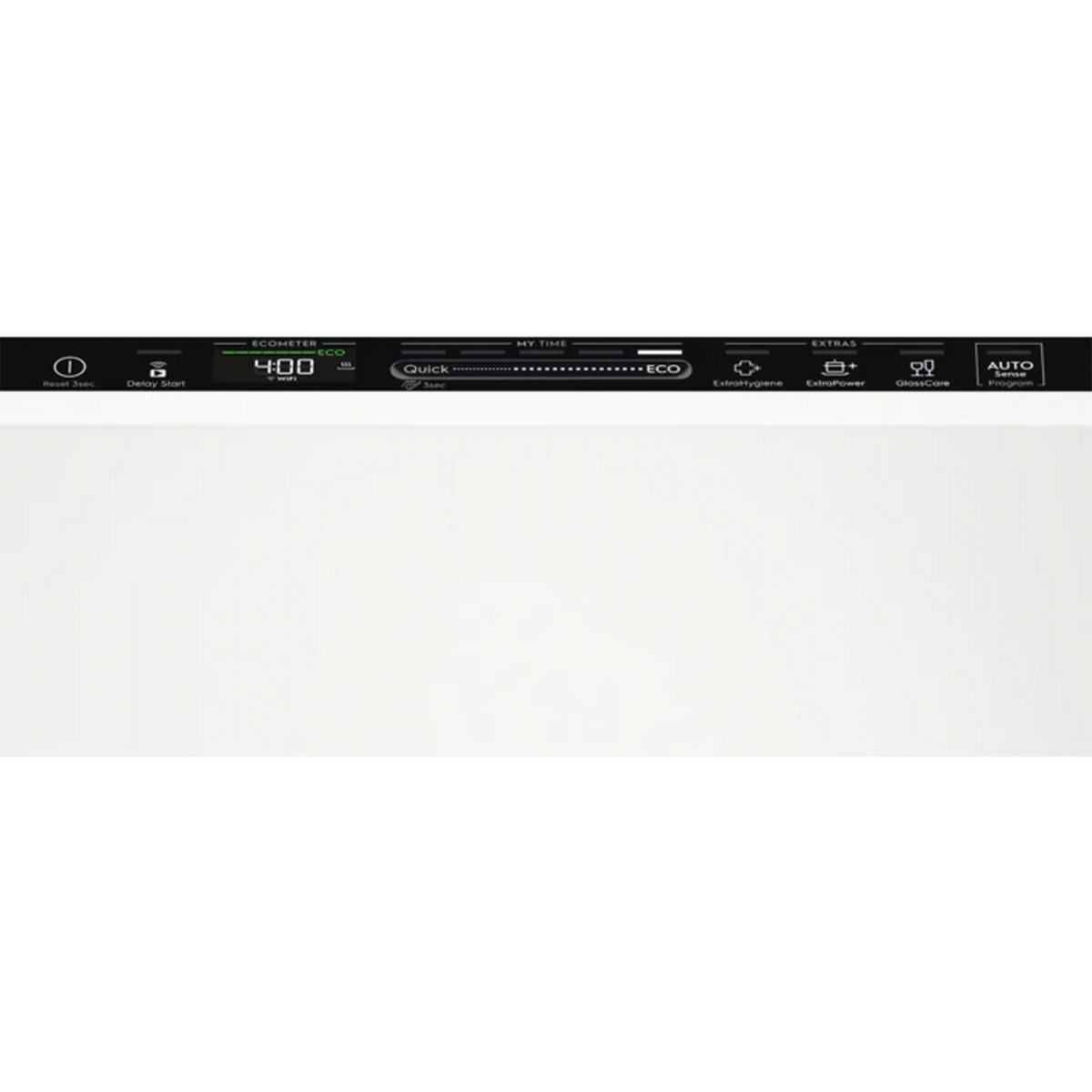 Panel sterowania zmywarki z przyciskami i wyświetlaczem. Panel jest biały.