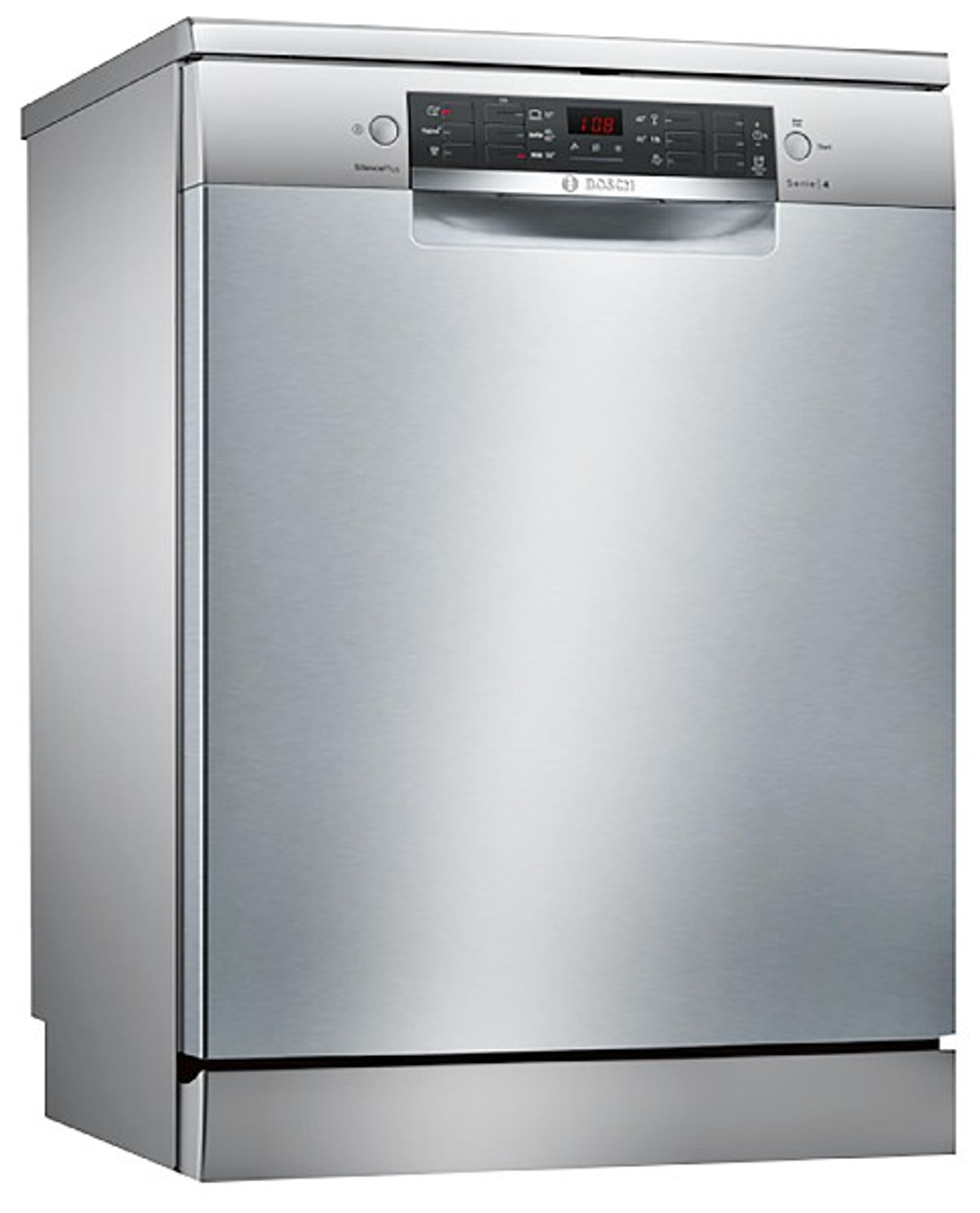 Srebrna zmywarka Bosch. Ma prostą konstrukcję z panelem sterowania na górze.