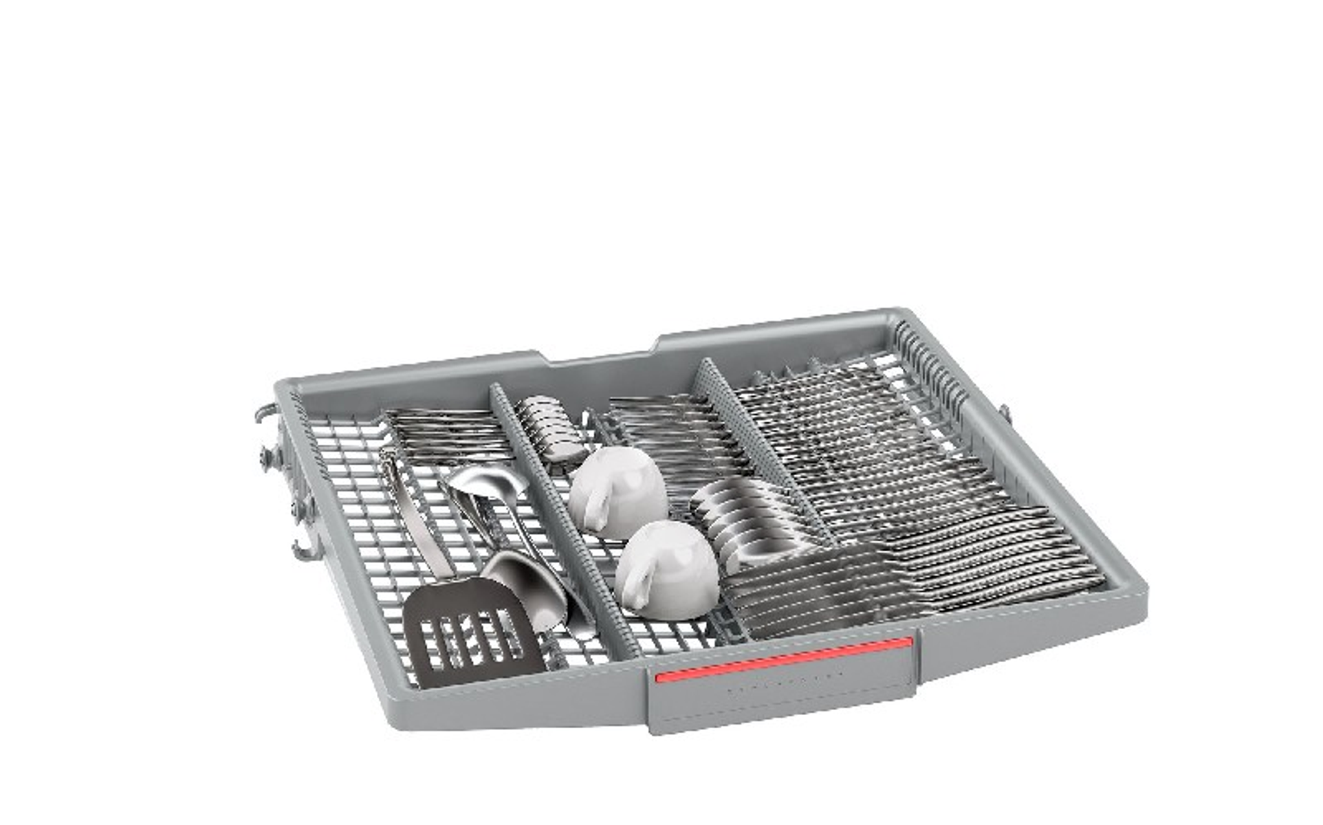 Koszyk na sztućce do zmywarki wypełniony sztućcami, kubkami i innymi narzędziami kuchennymi.