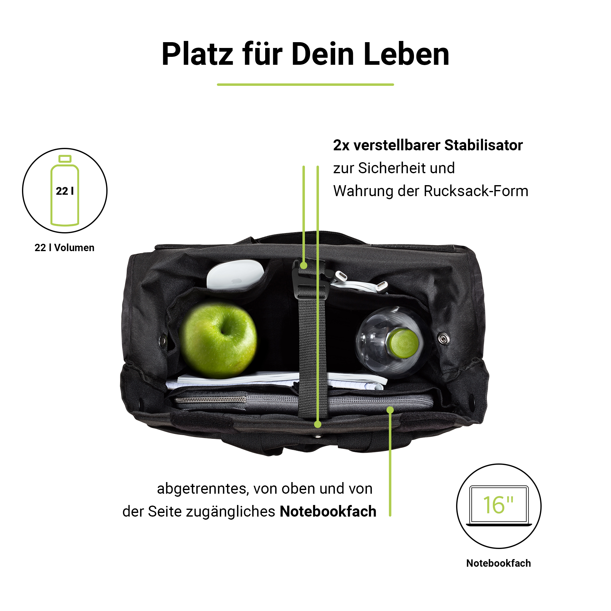 recycelter BackPack für Rucksack Polyesterstoff, Zoll 16 bis Apple 100% ARTWIZZ Schwarz Rucksack für Eco Laptops