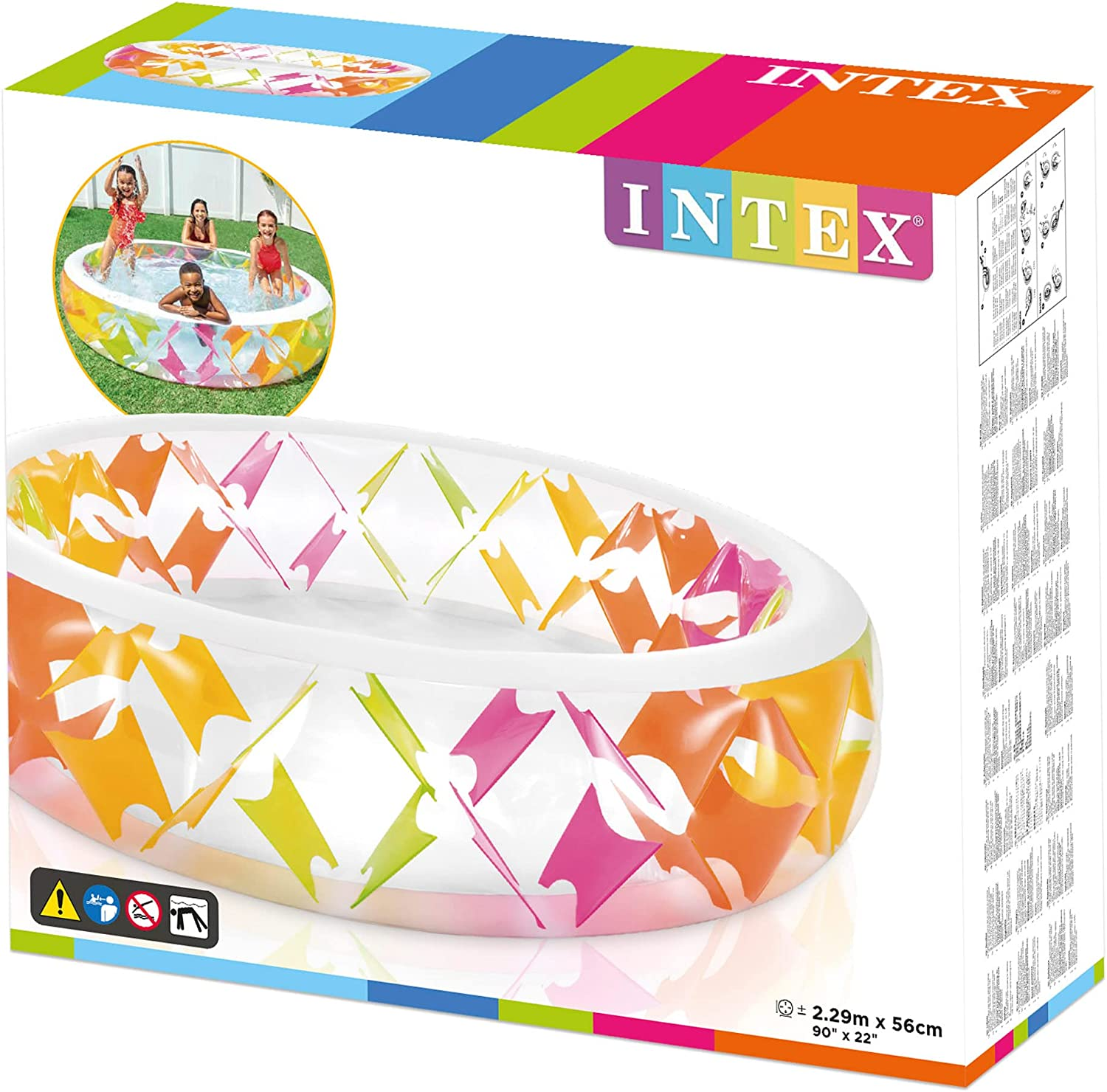 Intex Poolbox. Buntes Poolbild auf der Box. Kinder spielen im Pool.