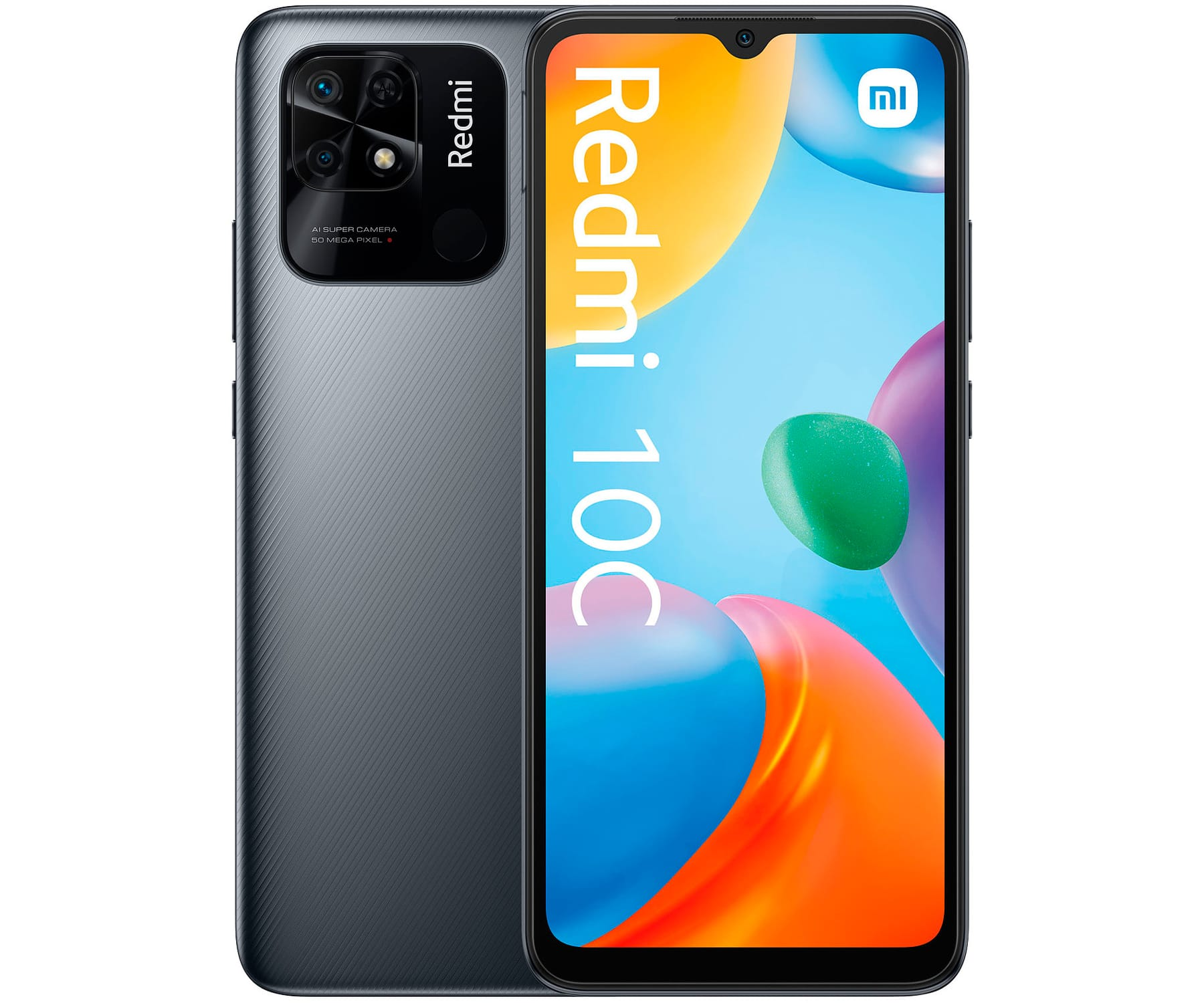Téléphone Redmi 10C gris, vues arrière et avant. L'avant affiche un fond d'écran coloré.