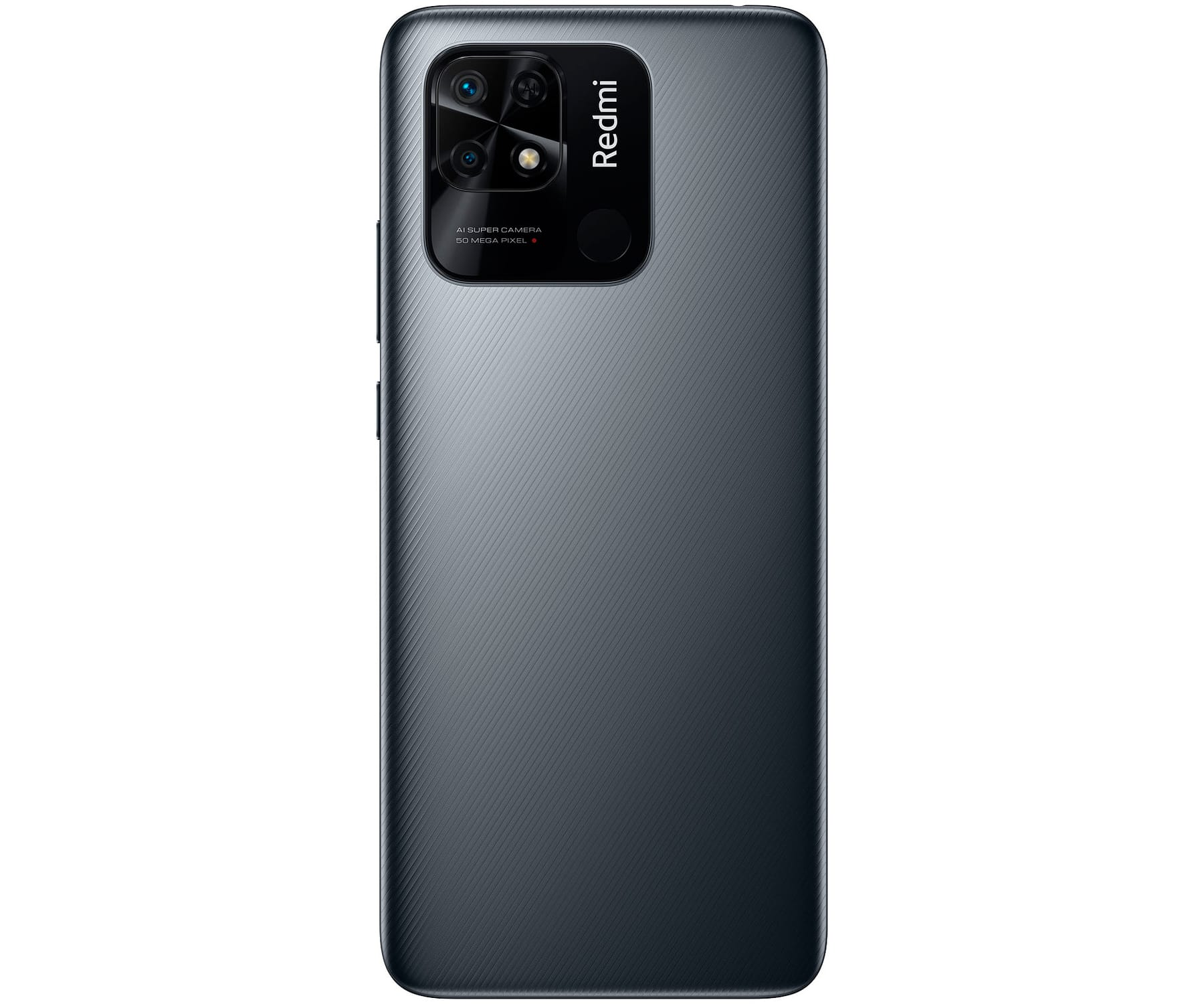 L'arrière d'un téléphone Redmi gris foncé. Il a une caméra et le logo Redmi.