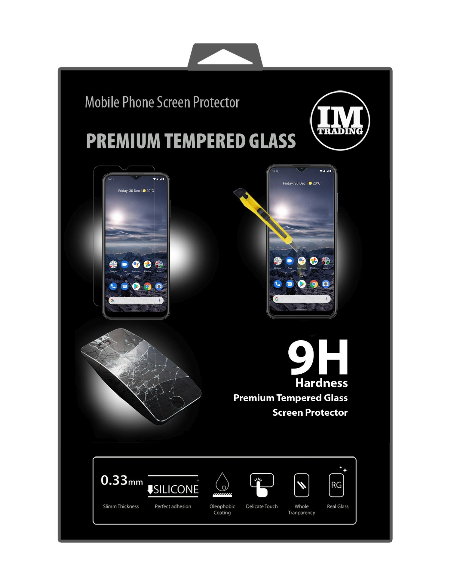 Schwarze Box mit Displayschutzverpackung, mit zwei Handys und einem zerbrochenen Glasstück.