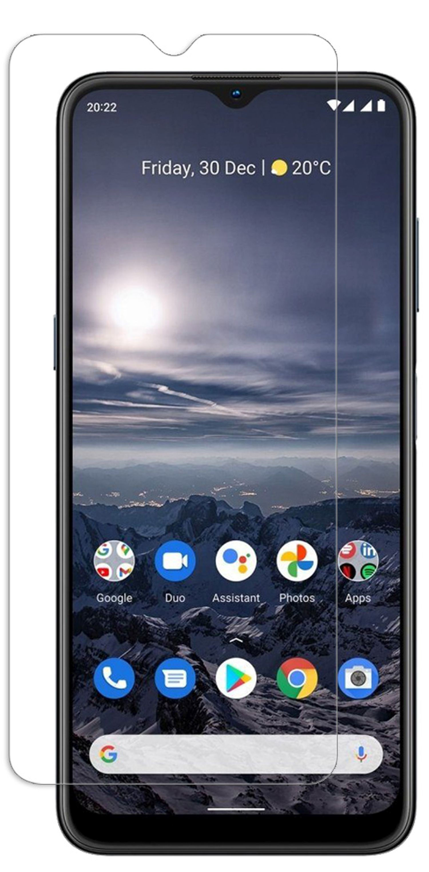 Ein Telefon mit Displayschutz. Der Bildschirm zeigt eine Landschaft und Symbole.