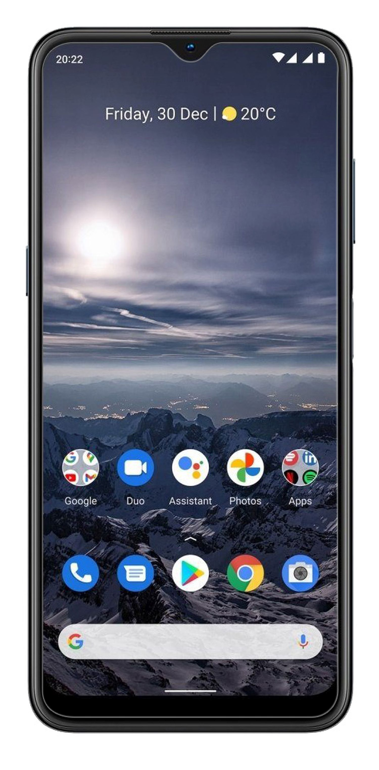 Smartphone mit malerischem Hintergrund auf dem Bildschirm, Wetterinfos.