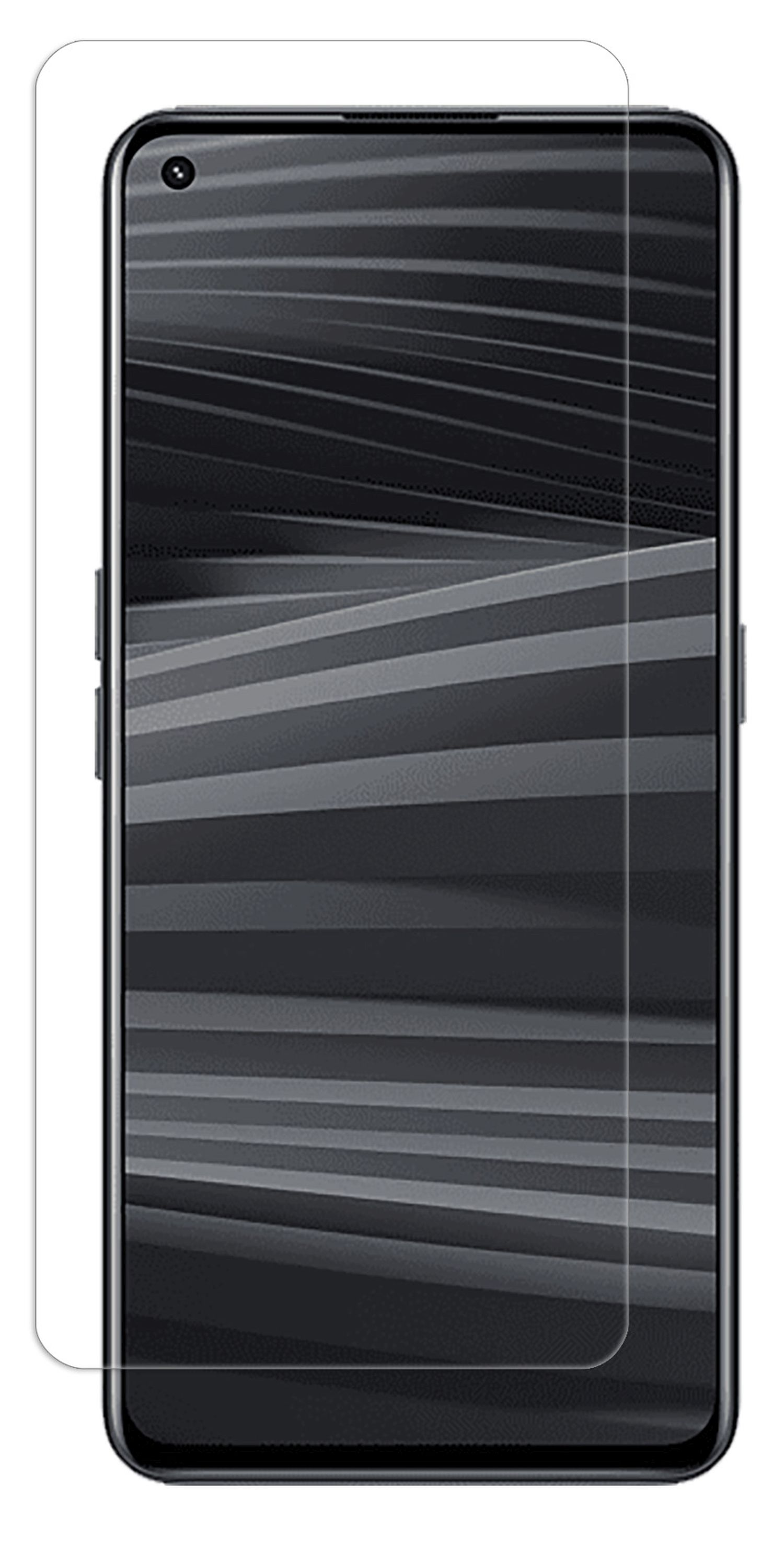 Ein schwarzes Smartphone mit angebrachter Displayschutzfolie. Das Telefon ist schwarz und der Bildschirm ist an.
