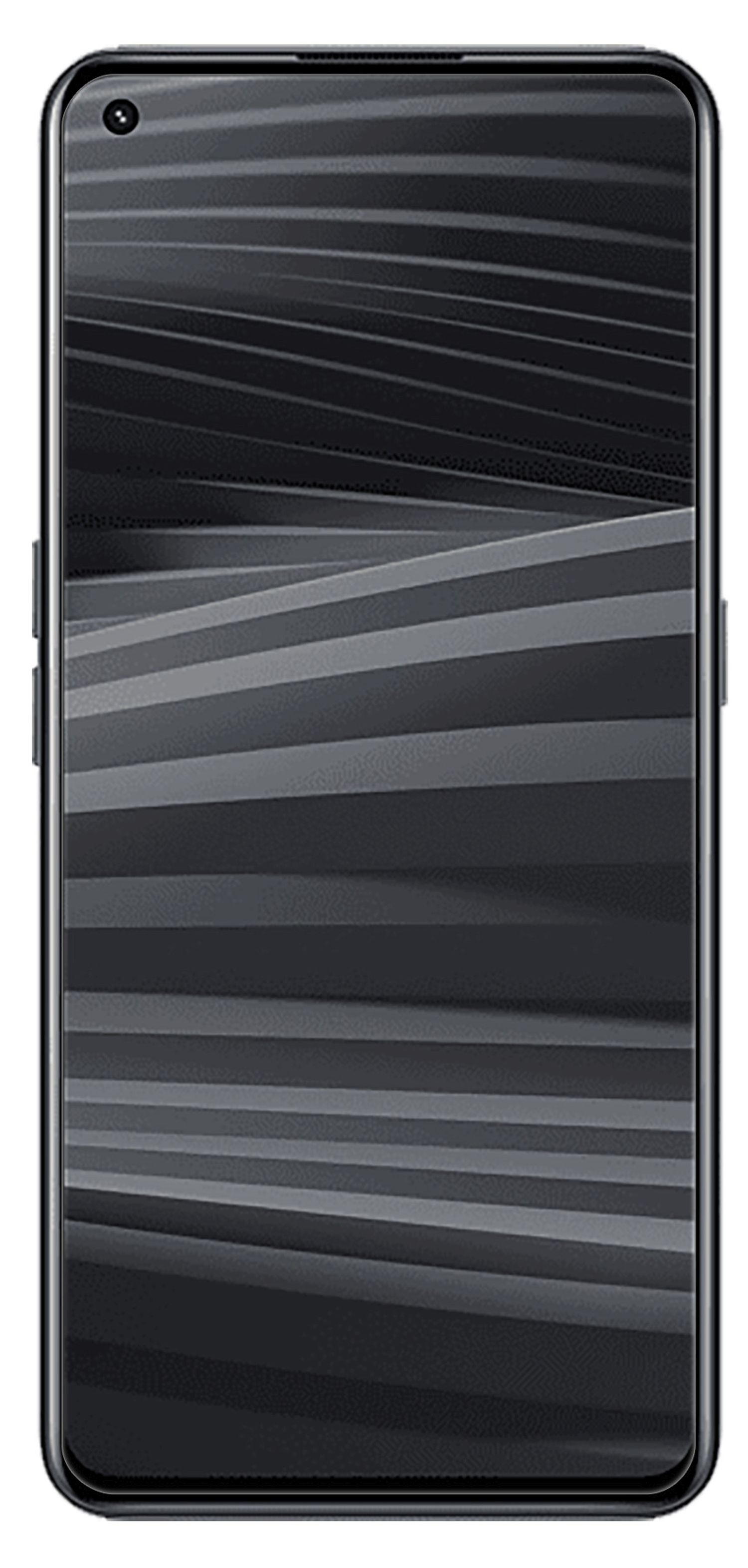 Smartphone mit einem abstrakten Design in Schwarz und Grau auf dem Bildschirm.