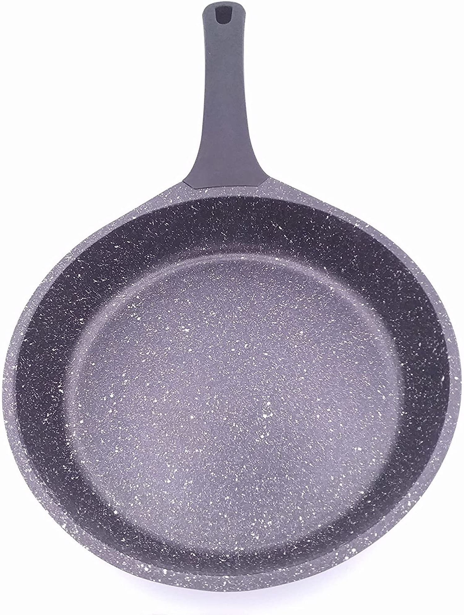 Graue Bratpfanne mit einer gesprenkelten Kochfläche und einem dunkelgrauen Griff.