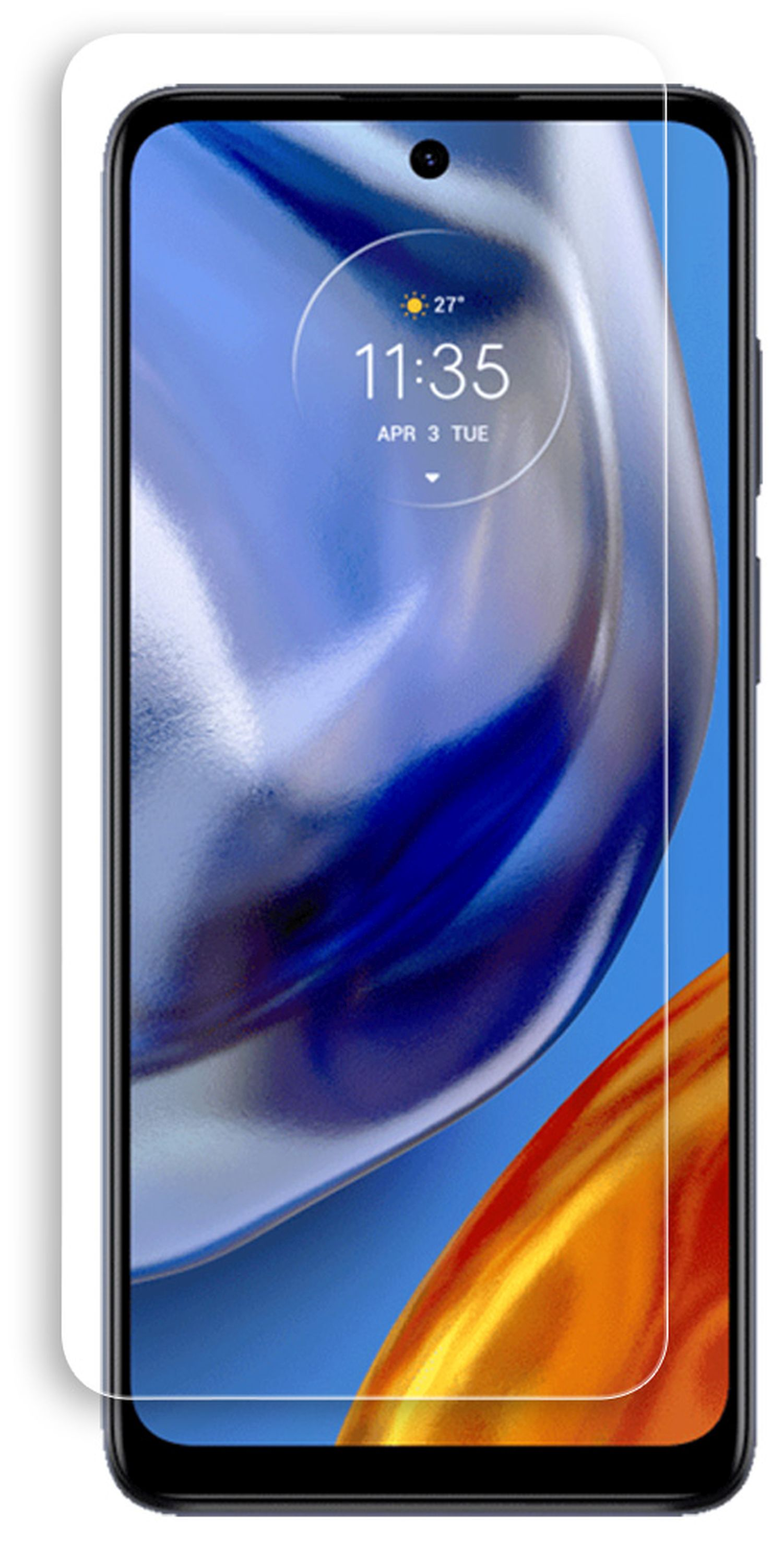 Ein Telefon mit einem Displayschutz. Die Uhrzeit ist 11:35 Uhr, das Datum ist der 3. April, Dienstag.