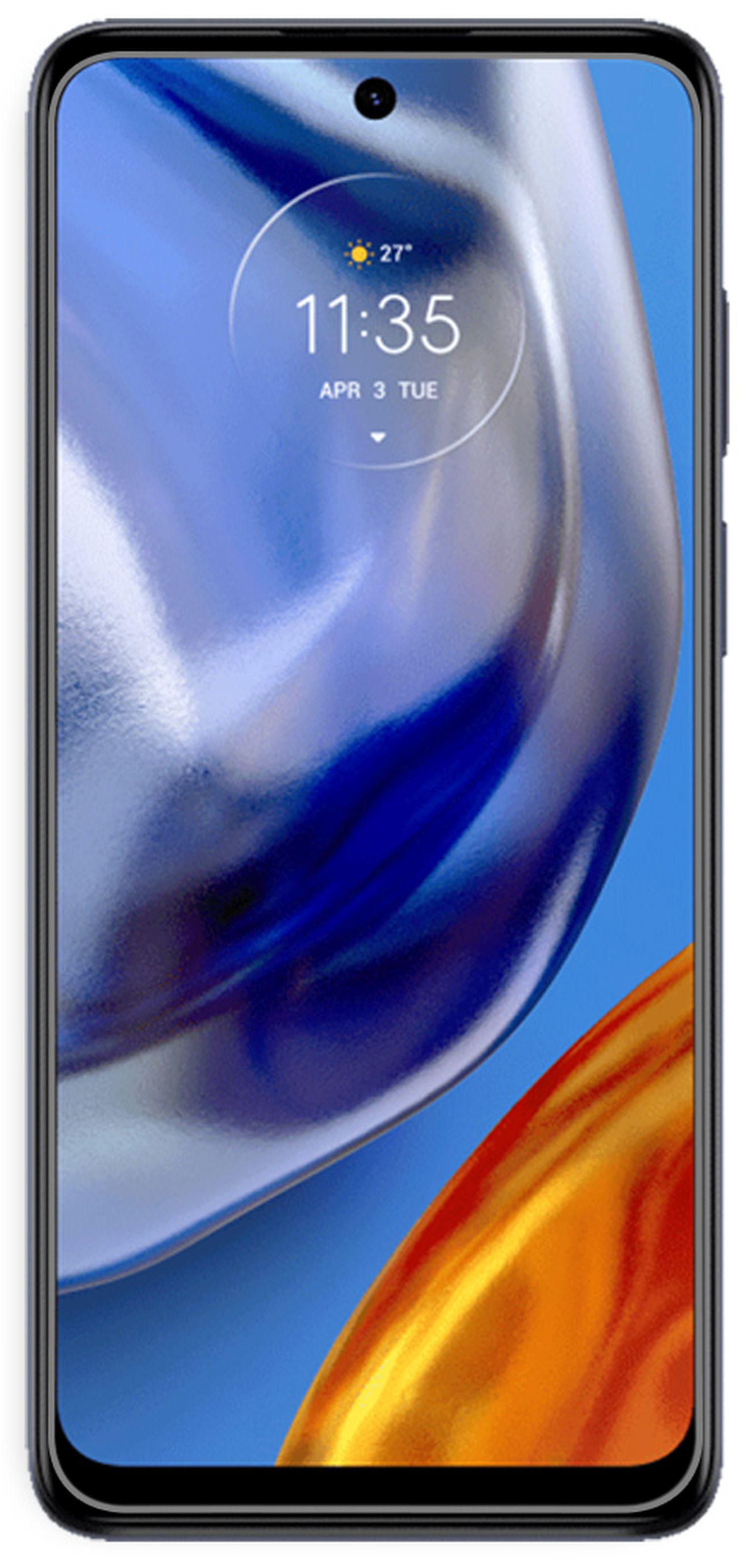 Ein Smartphone, das einen blau-orangenen abstrakten Hintergrund zeigt, mit der angezeigten Uhrzeit und dem Datum.
