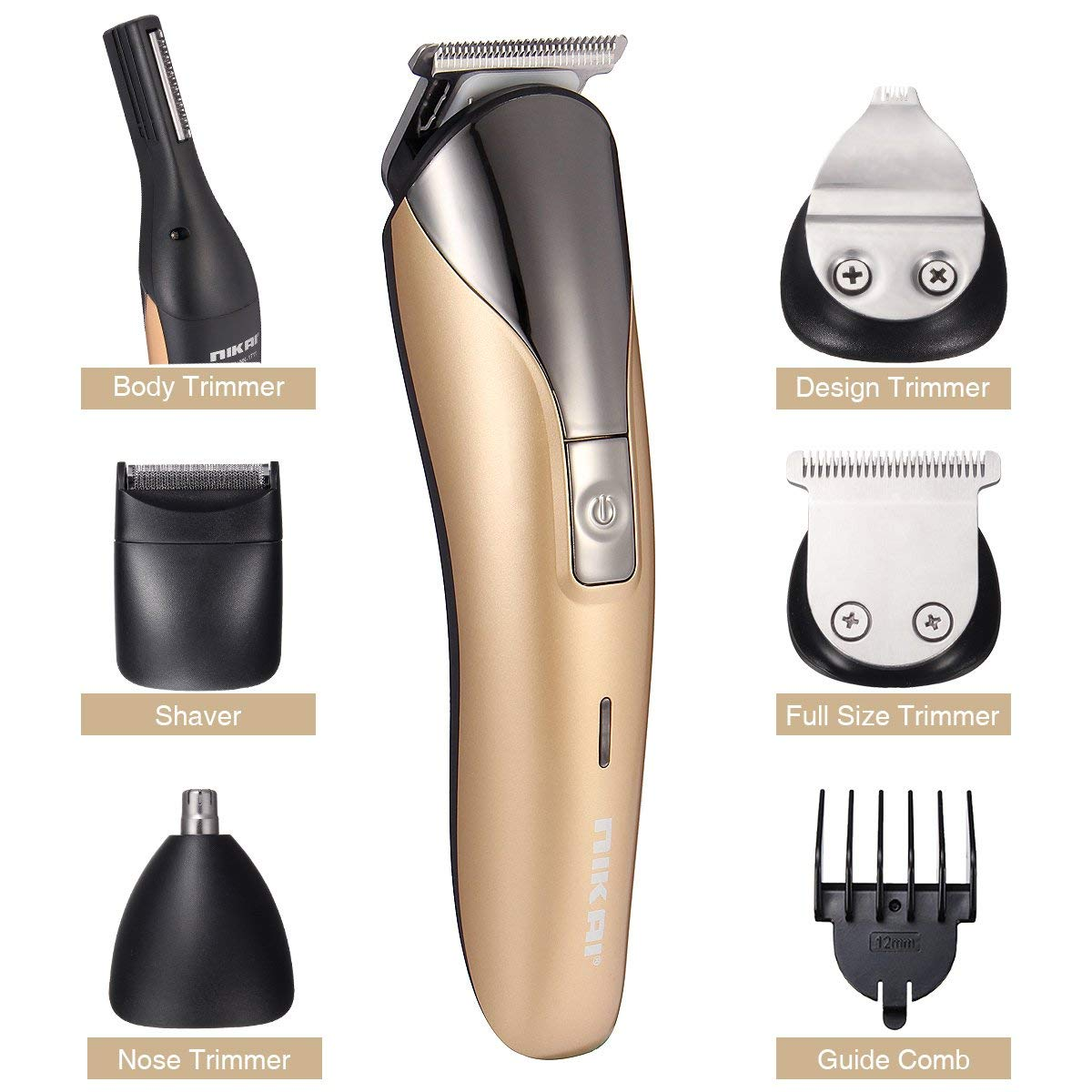 Un kit di toelettatura multi-strumento con base dorata e diversi accessori.