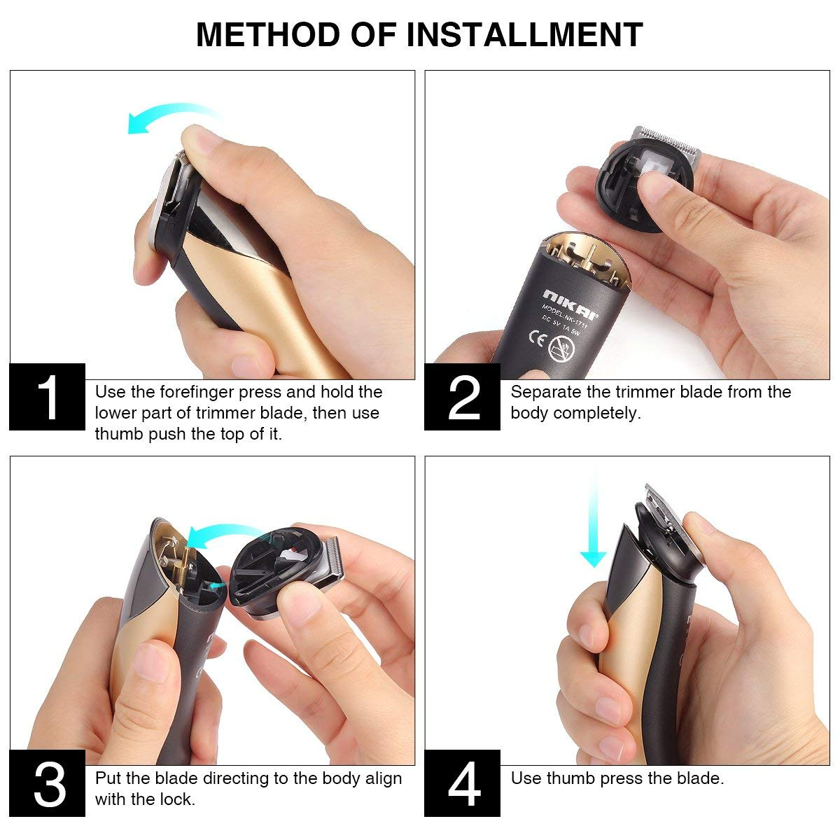 Una guida su come assemblare un trimmer. Una mano preme sulla lama.