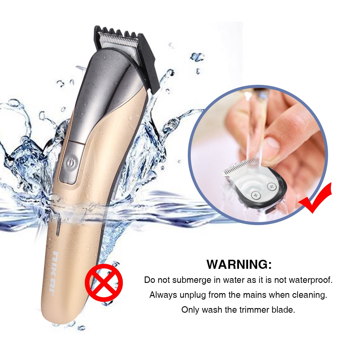 Un rasoio elettrico oro e argento con l'avvertenza di non immergere in acqua, con acqua.
