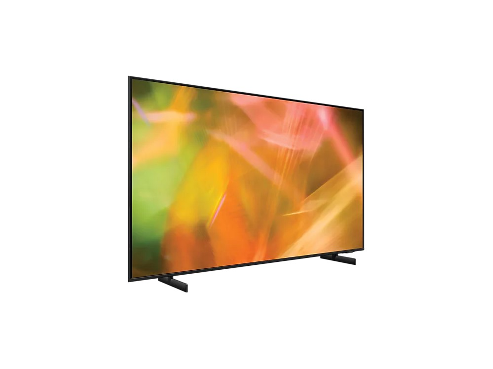 Czarny telewizor Samsung pod kątem, z rozmytym, kolorowym tłem.