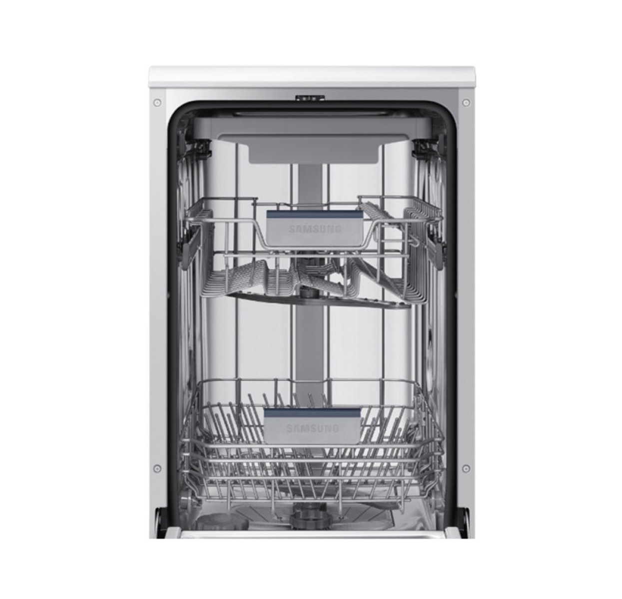 Wnętrze zmywarki z koszami, widoczne logo SAMSUNG.