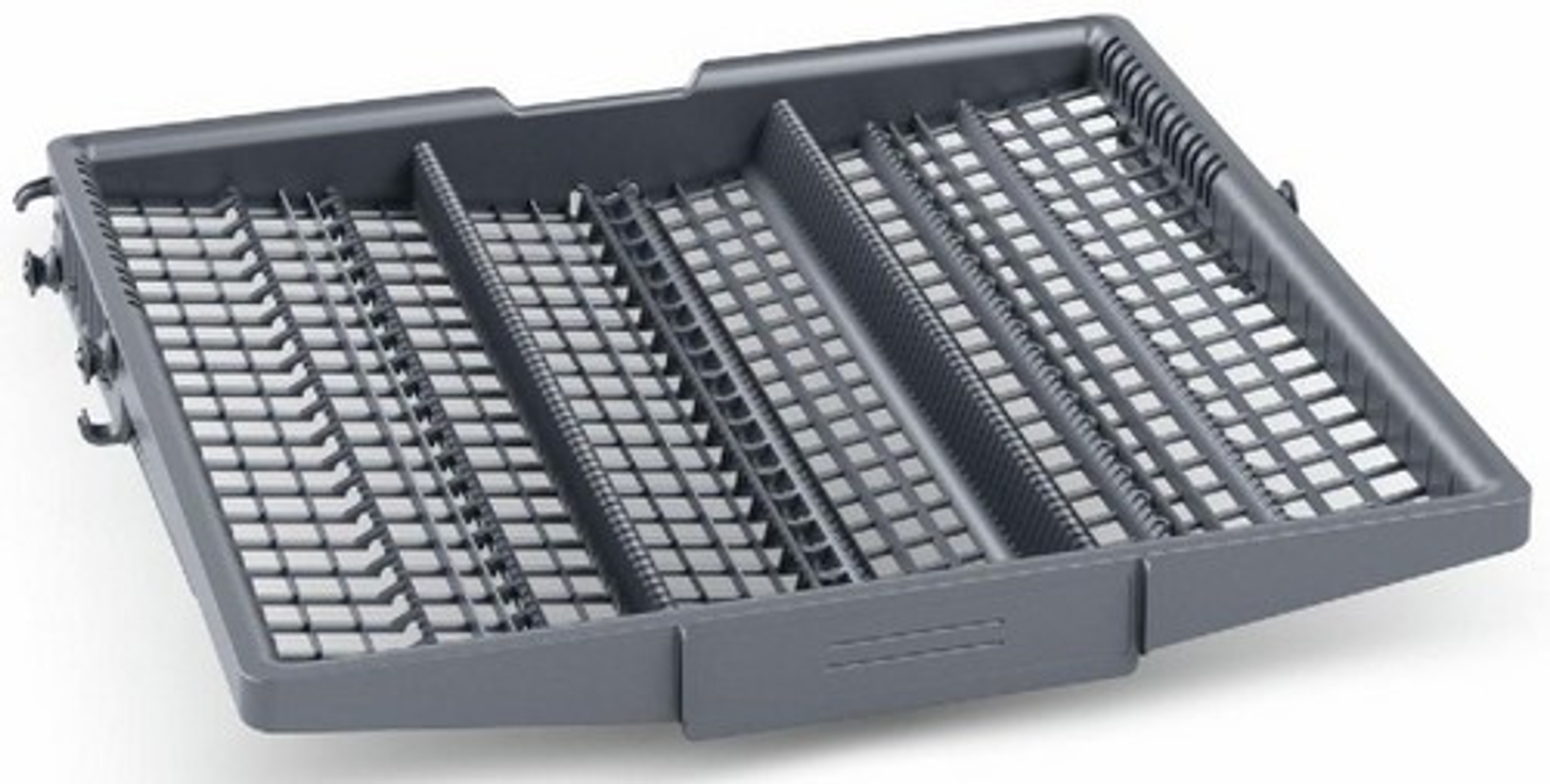 Szara taca na sztućce do zmywarki z wieloma przegródkami.