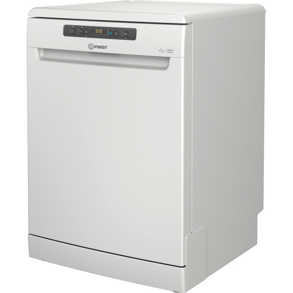 Weißer Indesit Geschirrspüler. Frontansicht, Knöpfe, Display und Fine & Fast Logo.