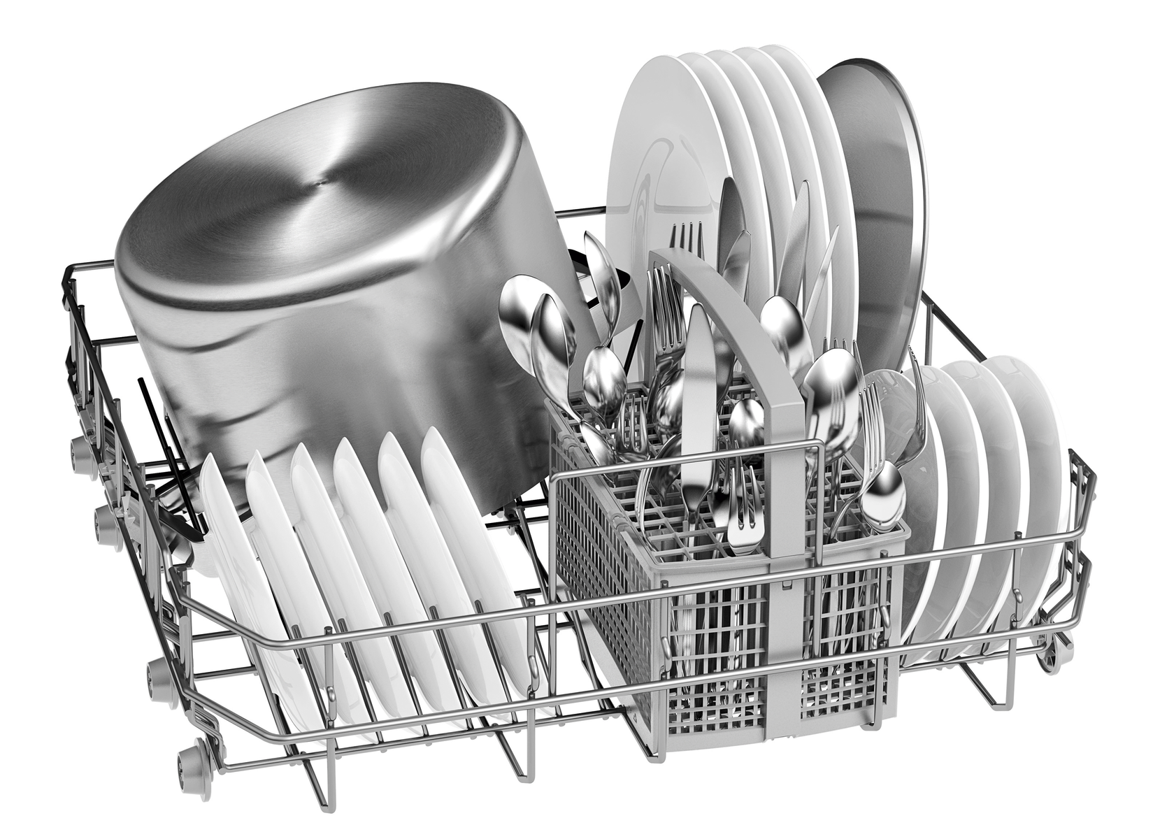 Kosz zmywarki z naczyniami, sztućcami i garnkiem. Uporządkowane naczynia.