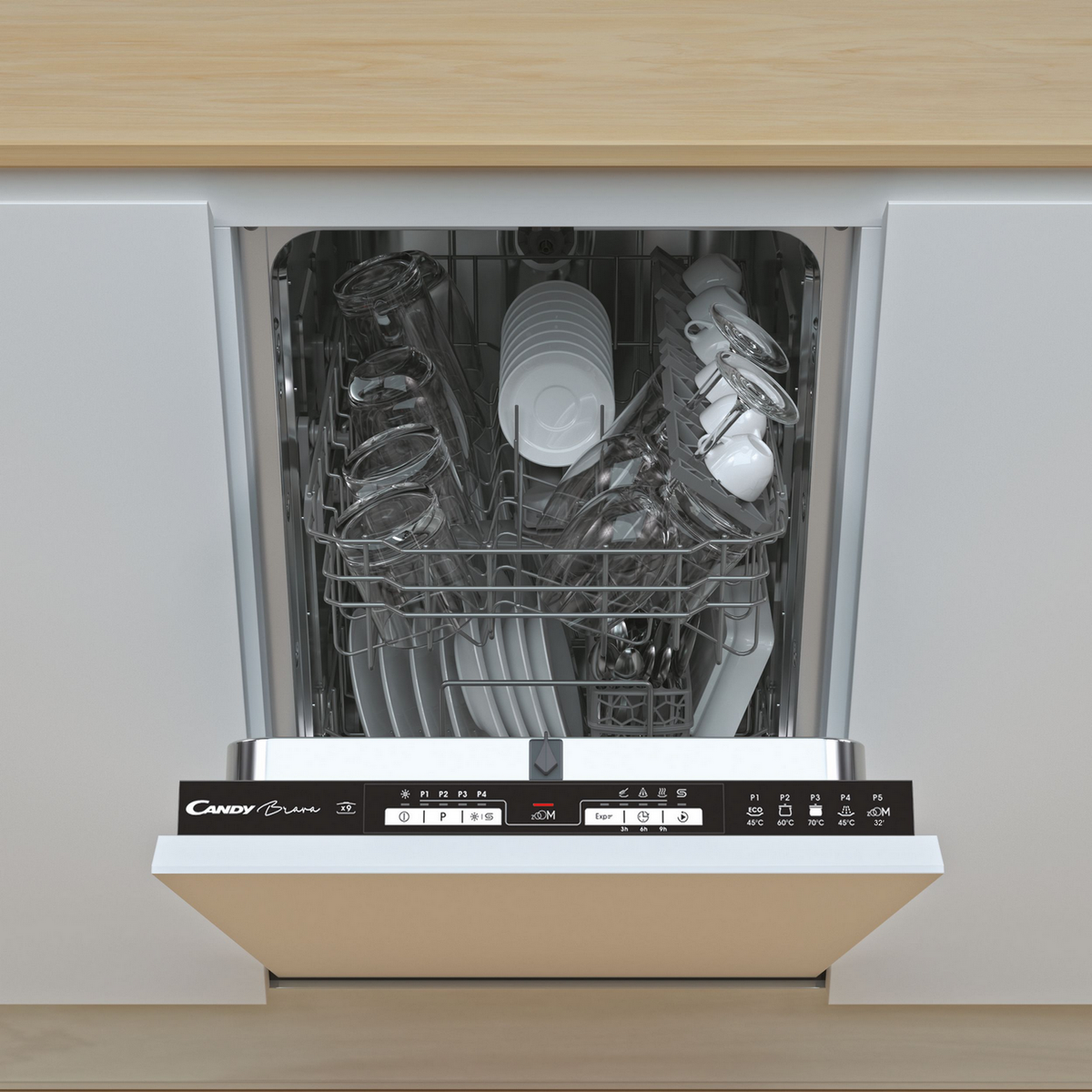 Lavavajillas integrable- Candy Brava CDIH 1L949, 5 programas, Inicio Diferido, Display LED, 45cm, Seguridad Aquastop, Inox