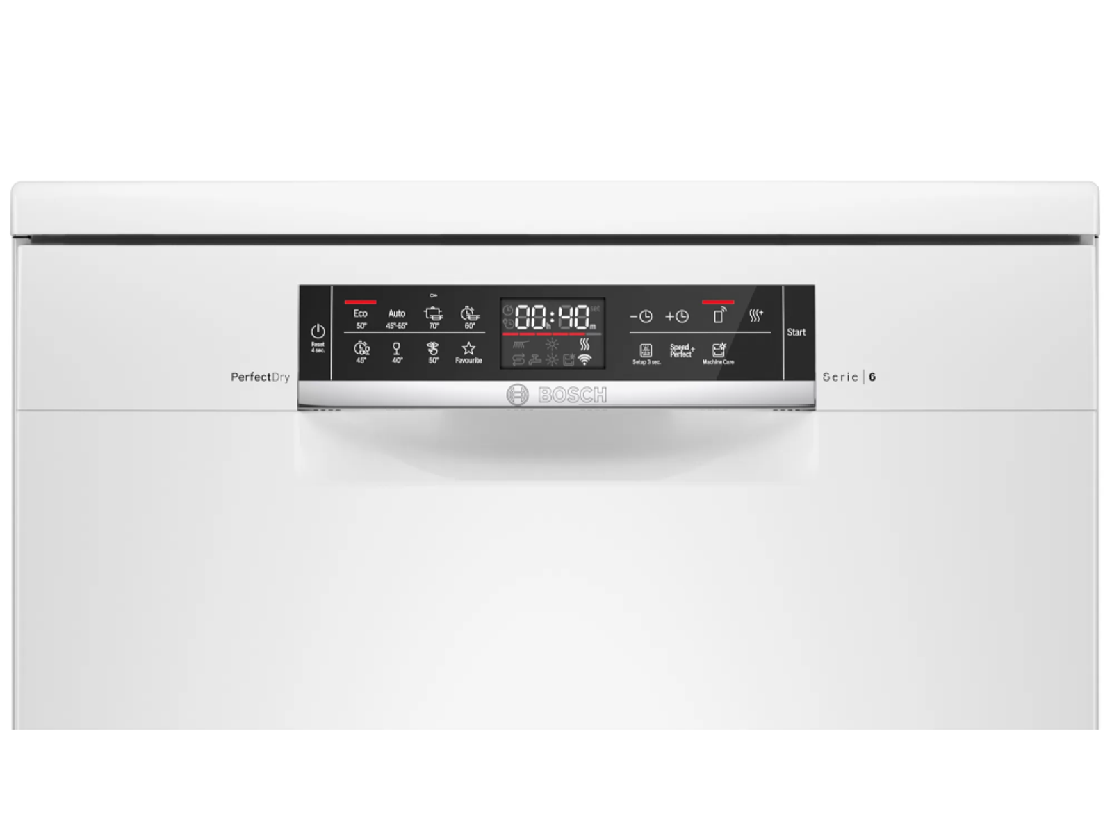 Un panel de control blanco de lavavajillas Bosch, mostrando botones y una pantalla digital.
