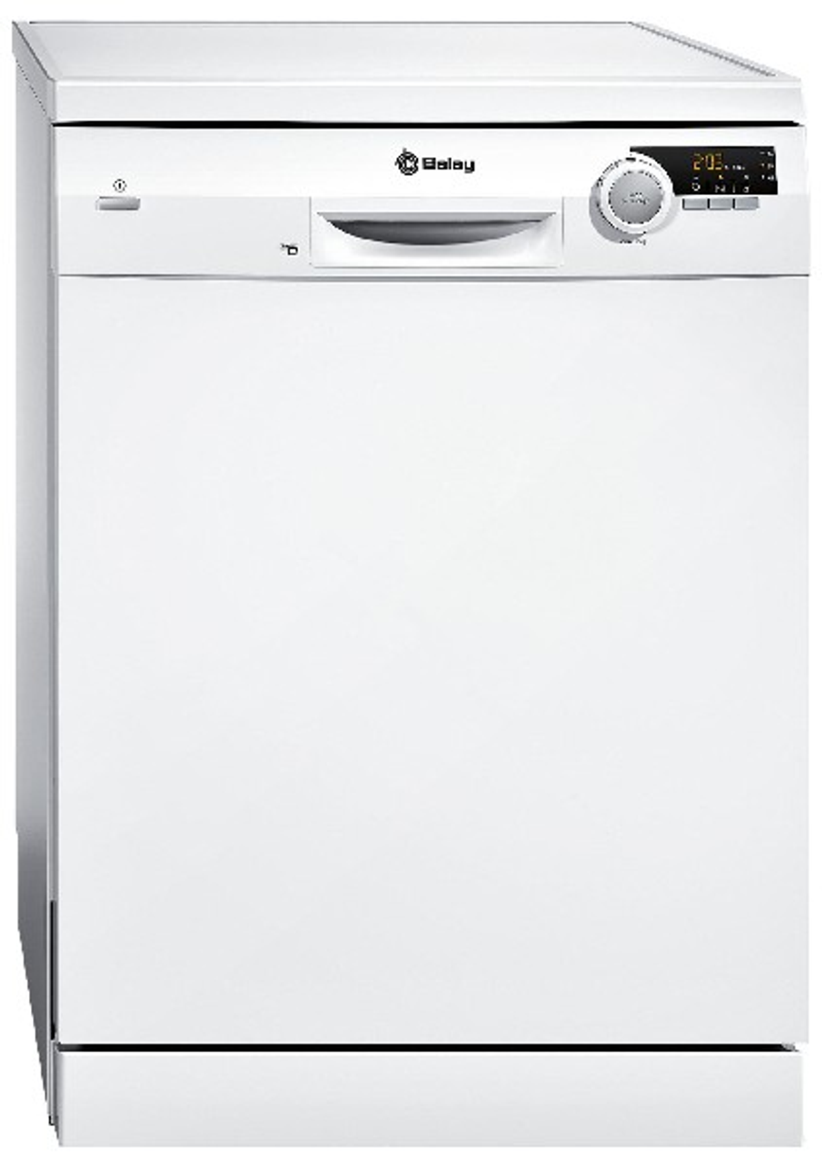 Biała zmywarka z elementami sterującymi i wyświetlaczem.