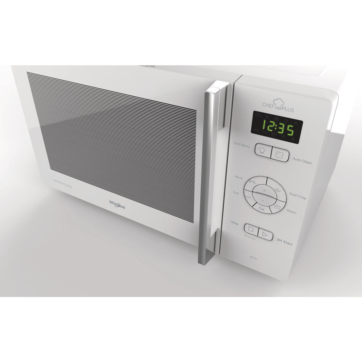Biała kuchenka mikrofalowa Whirlpool. Posiada wyświetlacz cyfrowy z godziną 12:35, z przyciskami sterowania.