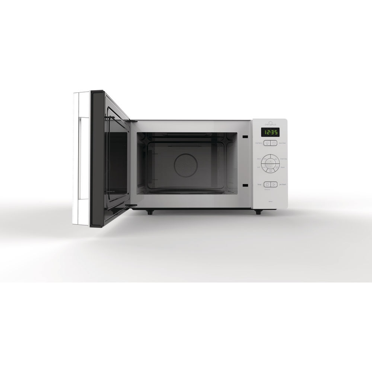 Biała kuchenka mikrofalowa z otwartymi drzwiami, ukazująca wnętrze i panel sterowania.