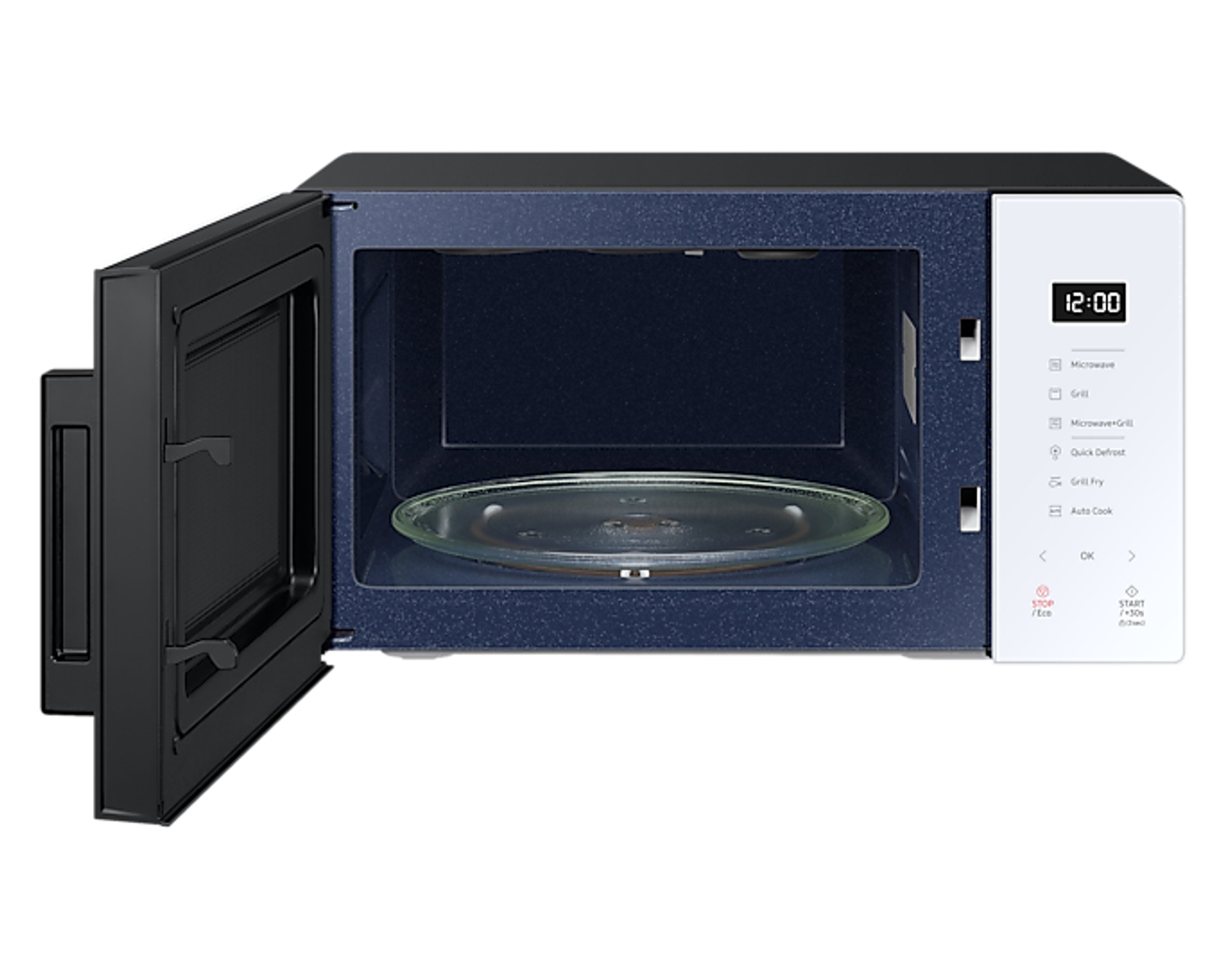 Niebieska kuchenka mikrofalowa z otwartymi drzwiami, szklany talerz, biały panel.