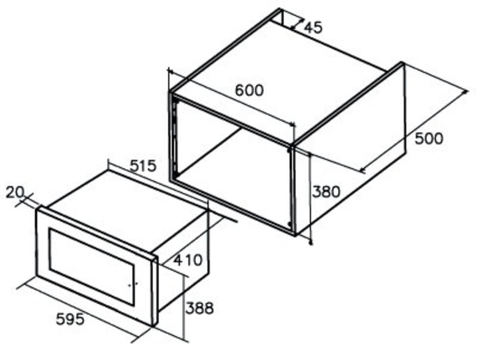 Dibujo técnico de un horno microondas. Dimensiones y contornos etiquetados.