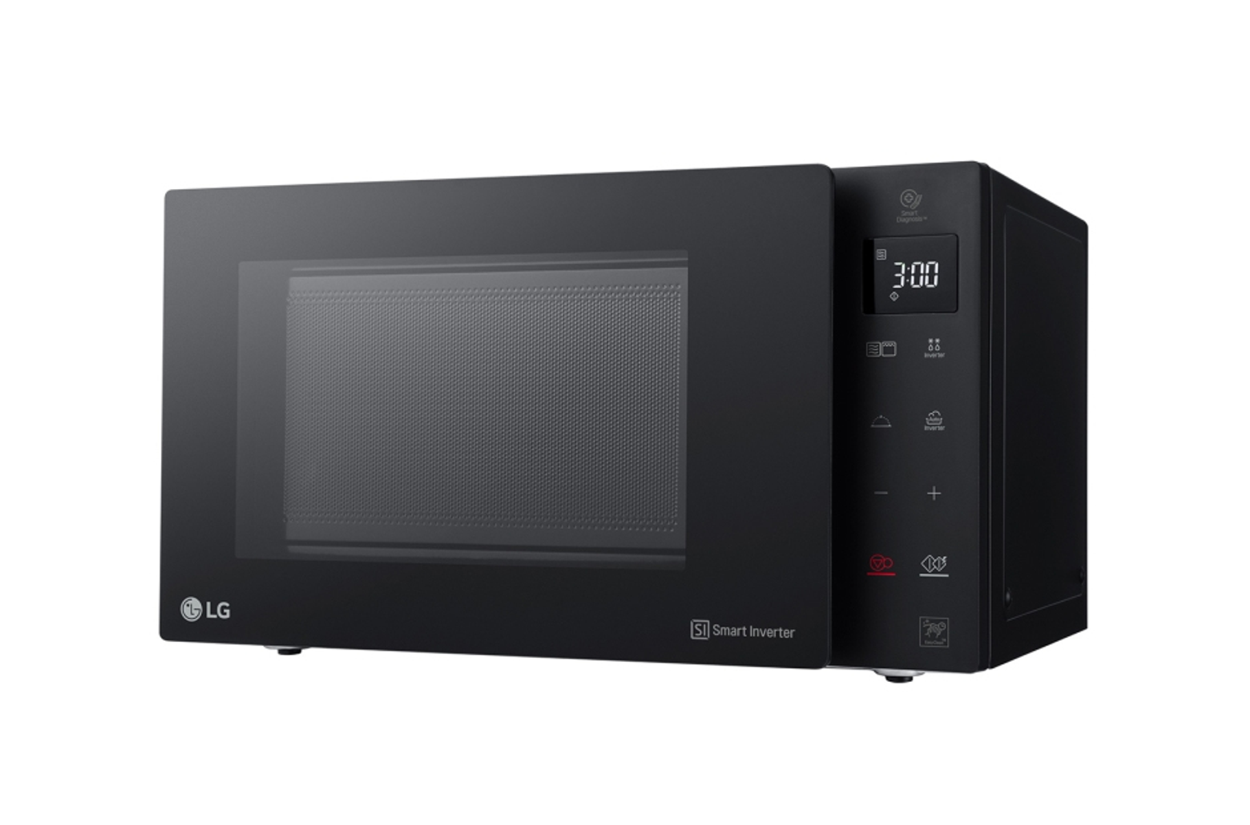 A black LG microwave oven, with a digital clock and control panel.