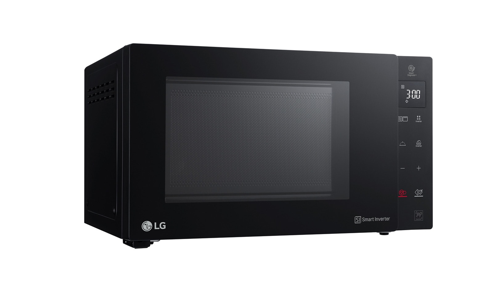 Black LG microwave with digital display and control panel, isolated on white.
