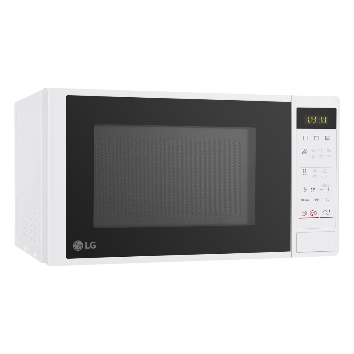 Un forno a microonde LG bianco con display digitale che mostra l'ora e i pulsanti di controllo.