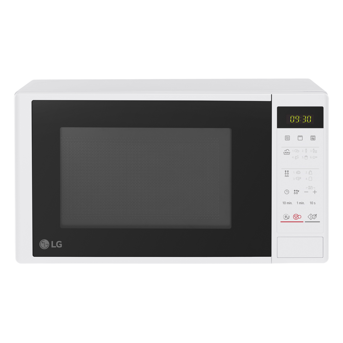 Forno a microonde LG bianco con orologio digitale e pulsanti di controllo.