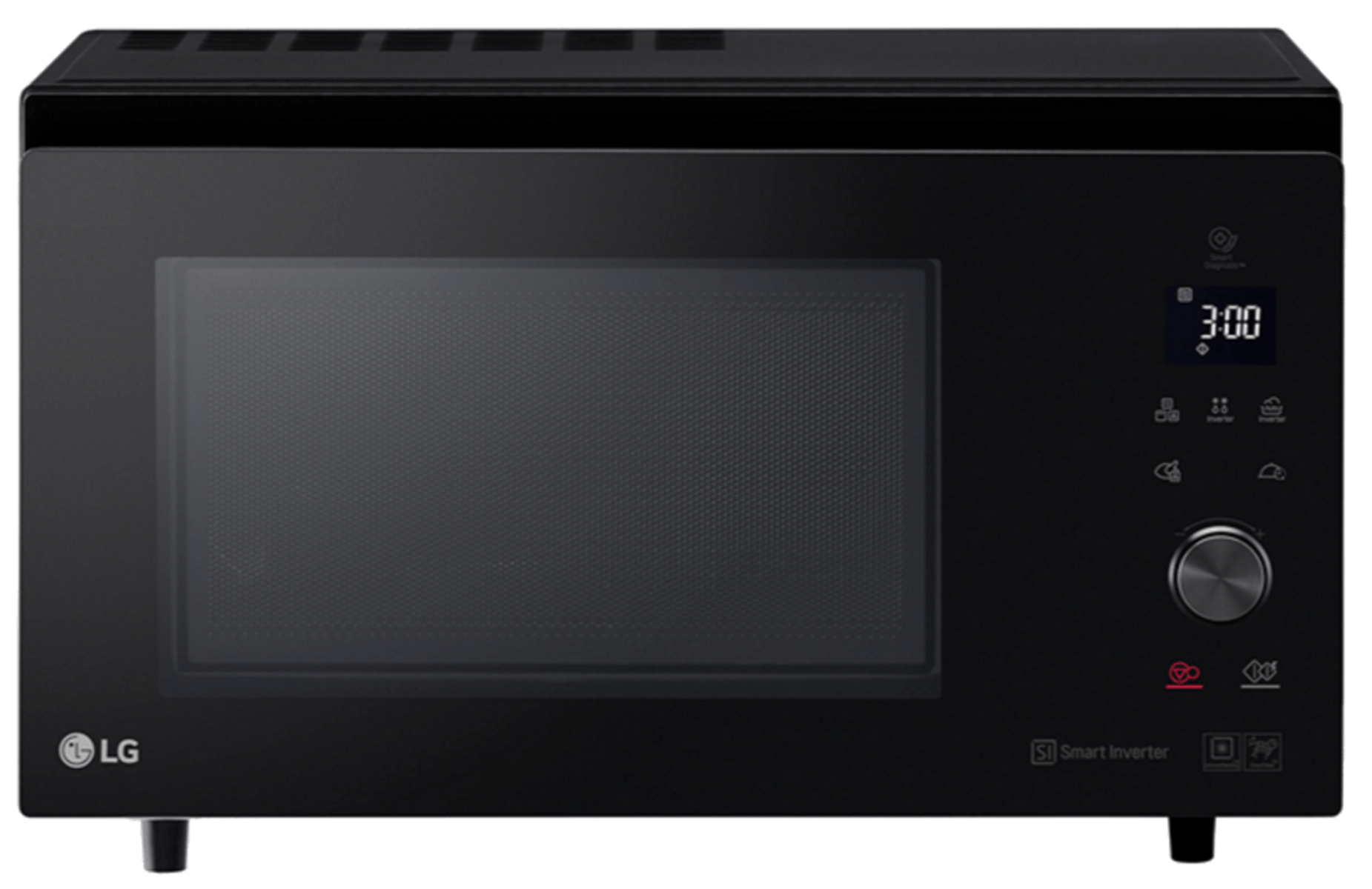 Czarna kuchenka mikrofalowa LG. Posiada wyświetlacz cyfrowy i panel sterowania po prawej stronie.