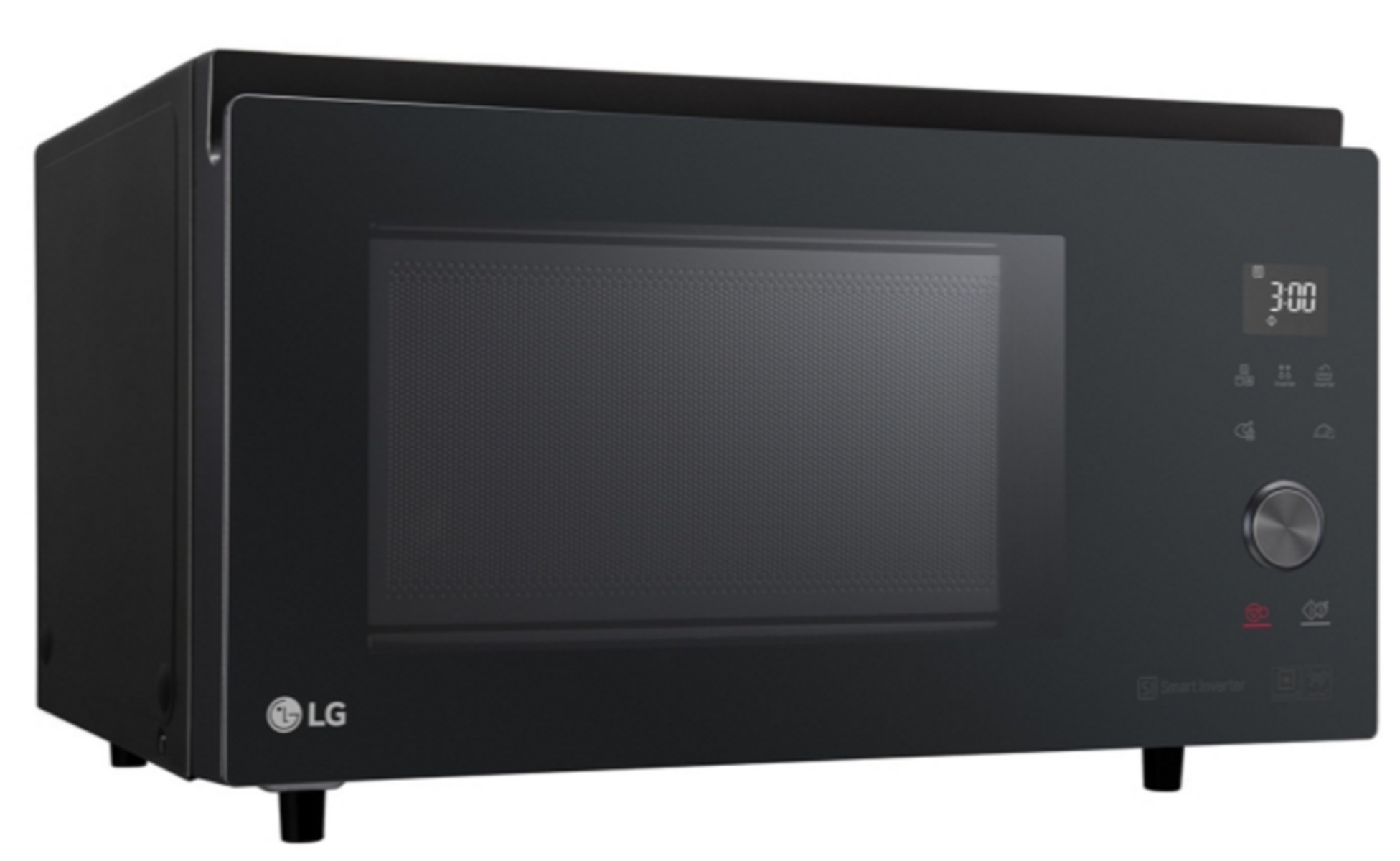 Czarna kuchenka mikrofalowa LG z cyfrowym wyświetlaczem i panelem sterowania.