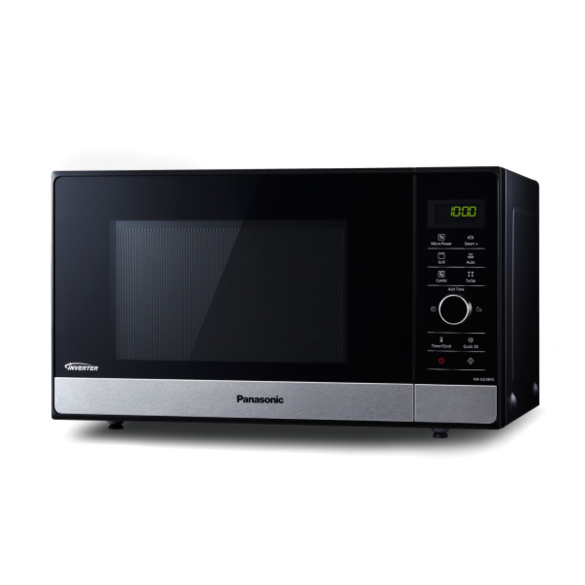 Un forno a microonde nero con display digitale. Il marchio è Panasonic.