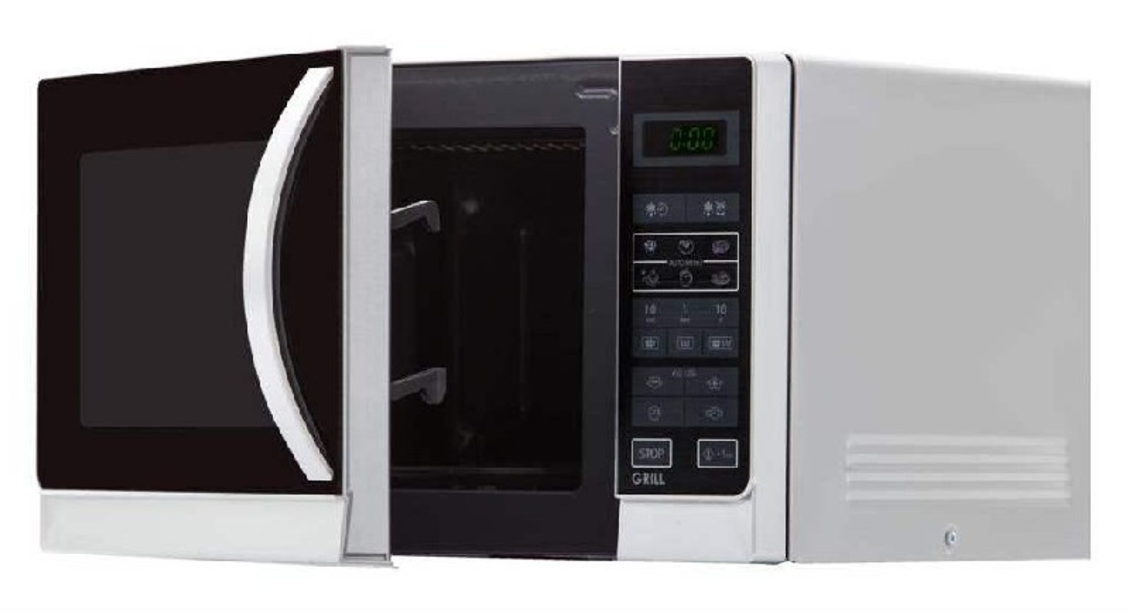Biała kuchenka mikrofalowa z otwartymi drzwiami, pokazująca wnętrze i elementy sterowania.