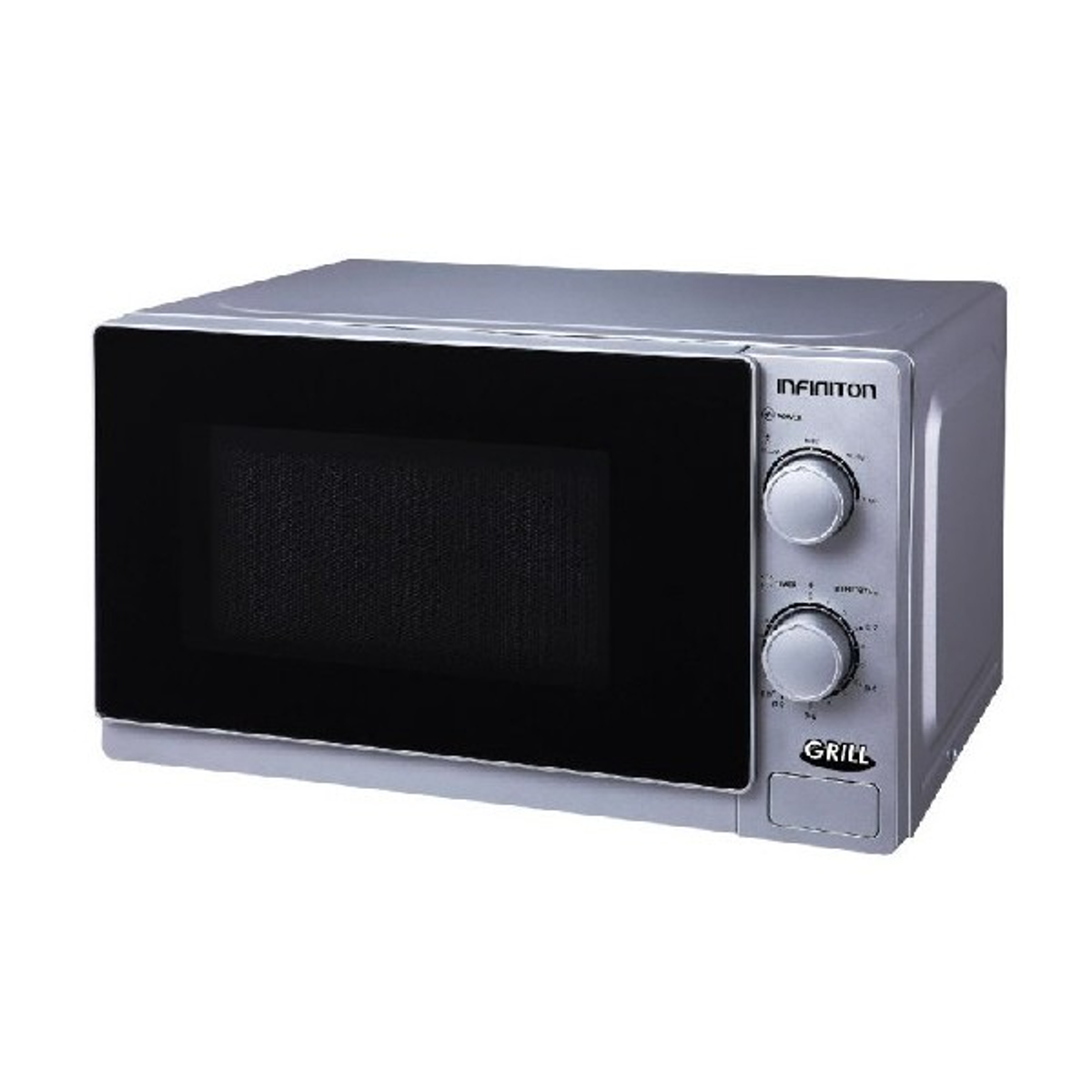Un horno microondas Infinition plateado con perillas y función grill.
