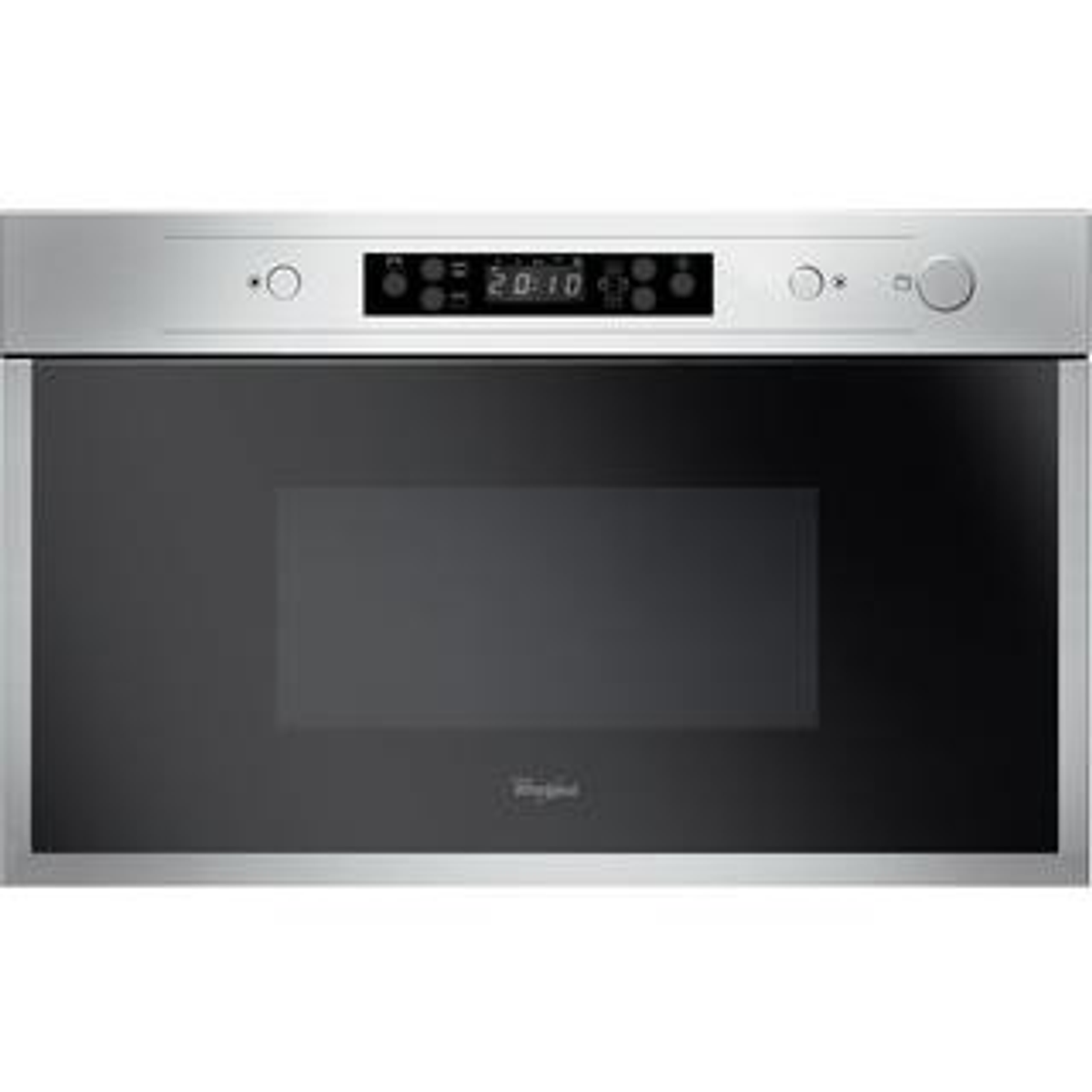 Un microonde Whirlpool da incasso con display digitale e finitura argentata.