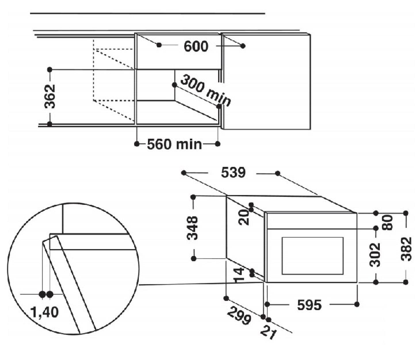 Disegno tecnico di un forno a microonde, che mostra le dimensioni.